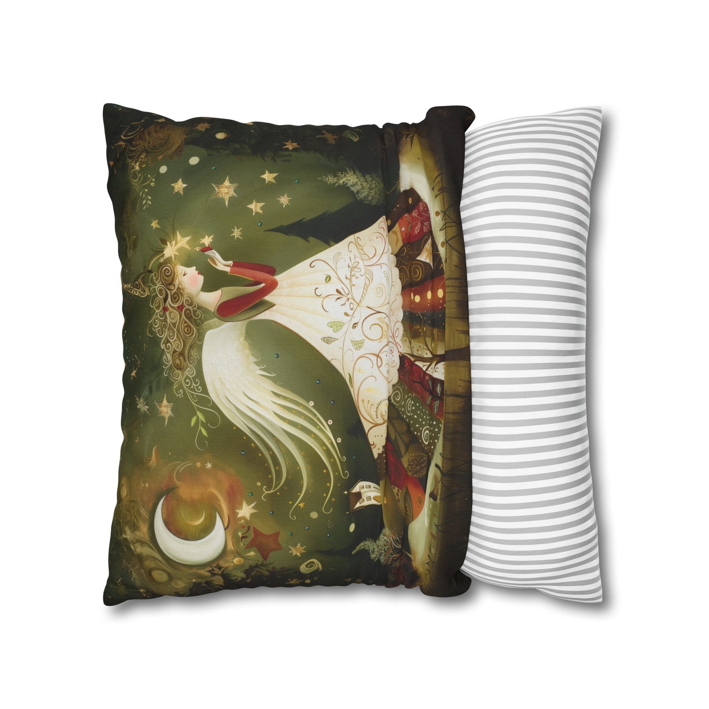 Christmas Angel in Tapestry Dress Amidst a Starlit Forest Spun Polyester Square Pillowcase 4 Sizes