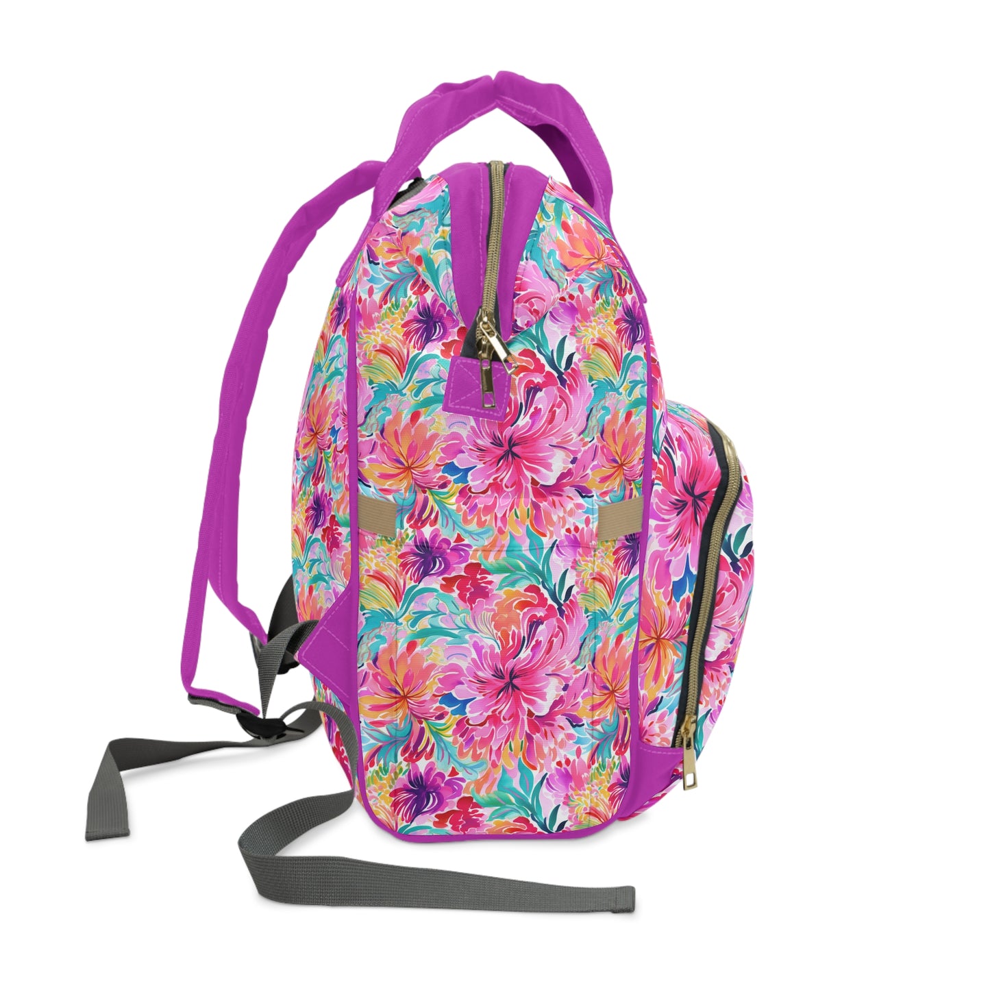 Rainbow Tropics: Watercolor Flowers in Vibrant Pink, Green and Orange Hues Multifunctional Diaper Backpack