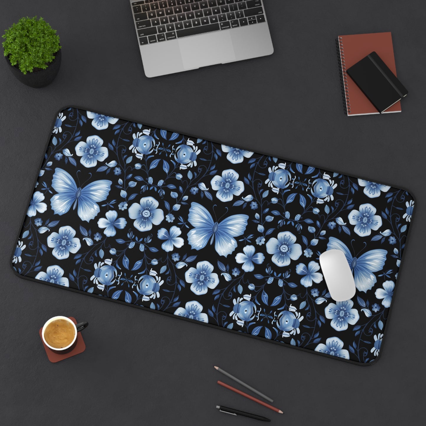 Enchanted Blue Butterflies and Blooms on Black Extended Gaming Mouse Pad  Desk Mat  - 3 Sizes