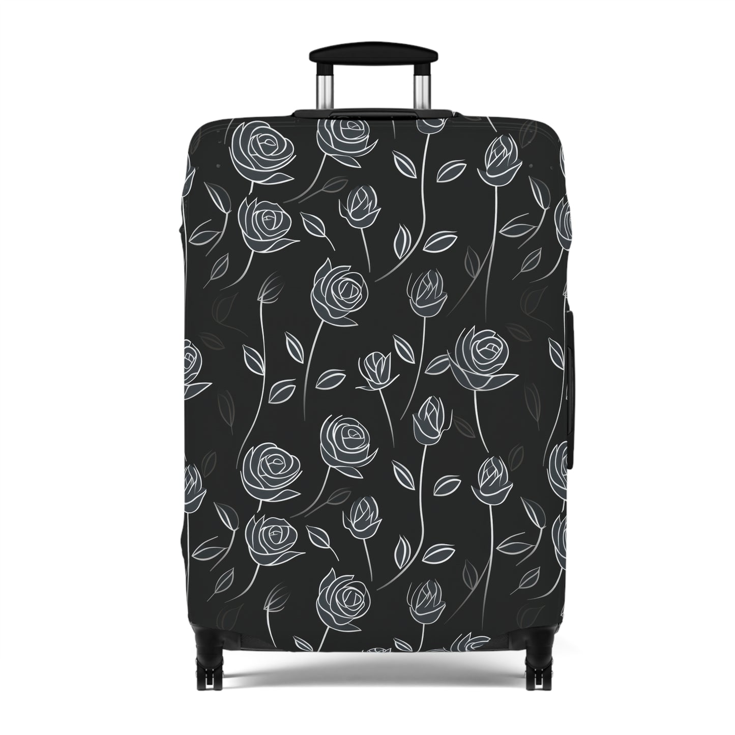 Contrasting Elegance: White Outlined Roses on a Black Background  - Luggage Protector and Cover 3 Sizes