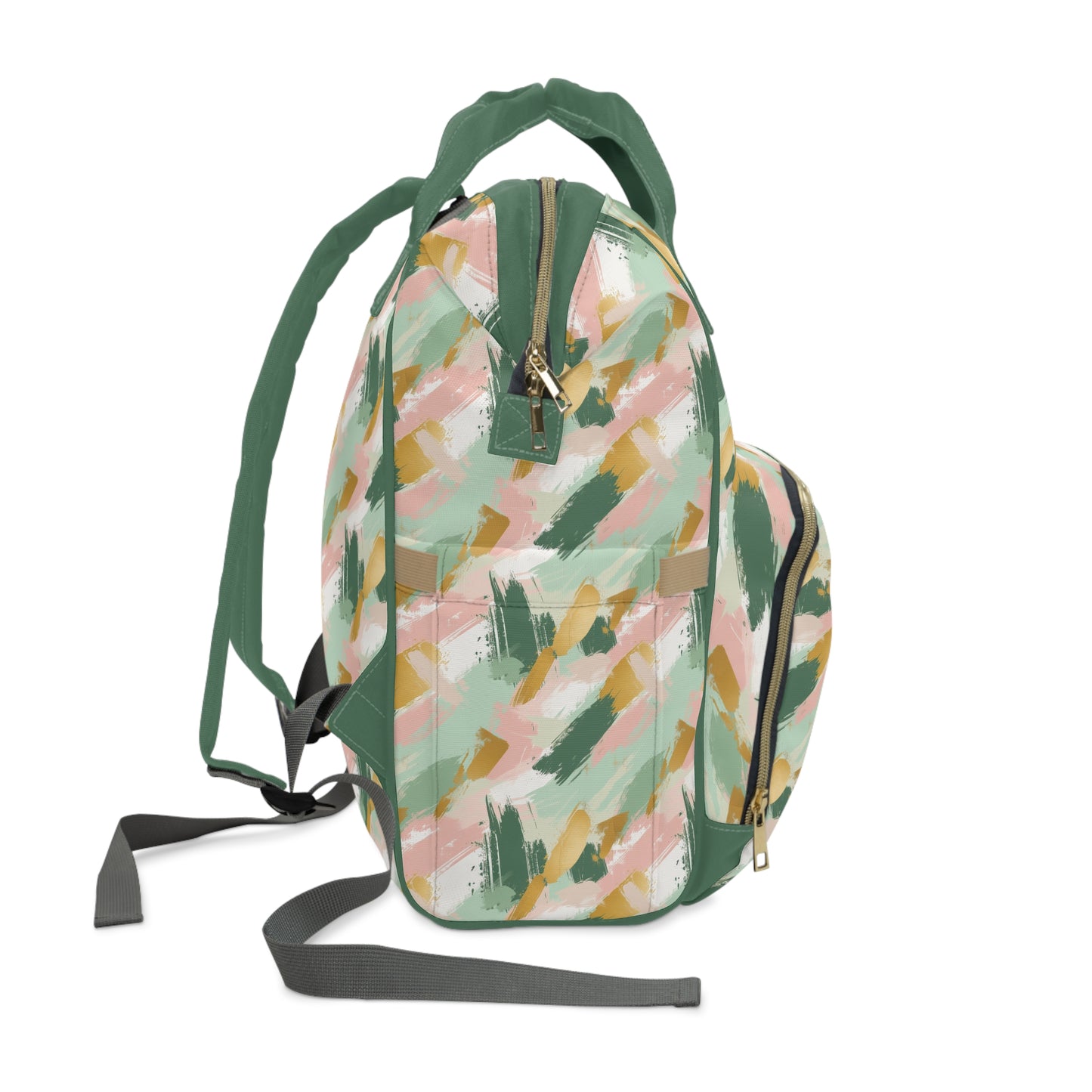 Spring Brushstrokes Abstract in Light Green, Pink, and Gold Multifunctional Diaper Backpack