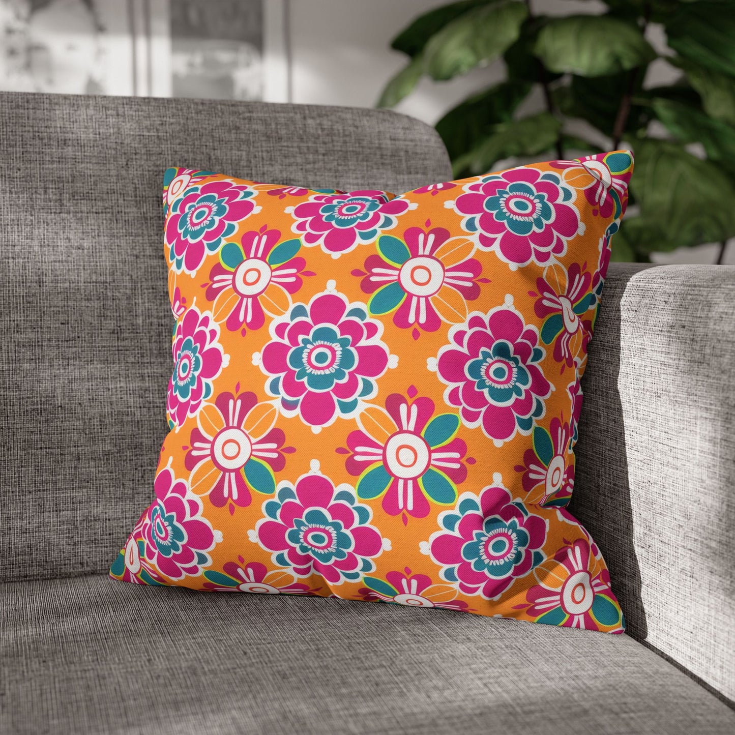 Array of Stylized Floral Motifs in Vivid Pink, Teal, and White Set Against a Warm Orange Backdrop Spun Polyester Square Pillowcase 4 Sizes