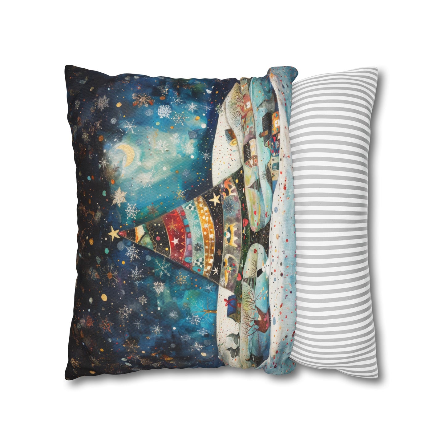 Twilight Treasures: Folk Art Christmas Tree Adorning a Town at Night Spun Polyester Square Pillowcase 4 Sizes