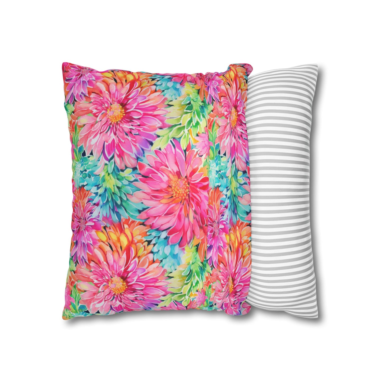 Blooming Spectrum: Large Vibrant Watercolor Flowers in Full Bloom Spun Polyester Square Pillowcase 4 Sizes