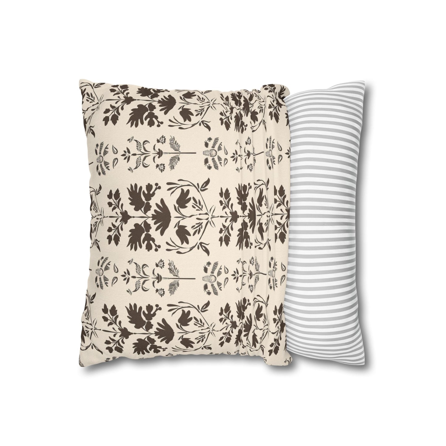 Early American Stencil-Inspired Beige and Brown Floral Pattern Spun Polyester Square Pillowcase 4 Sizes