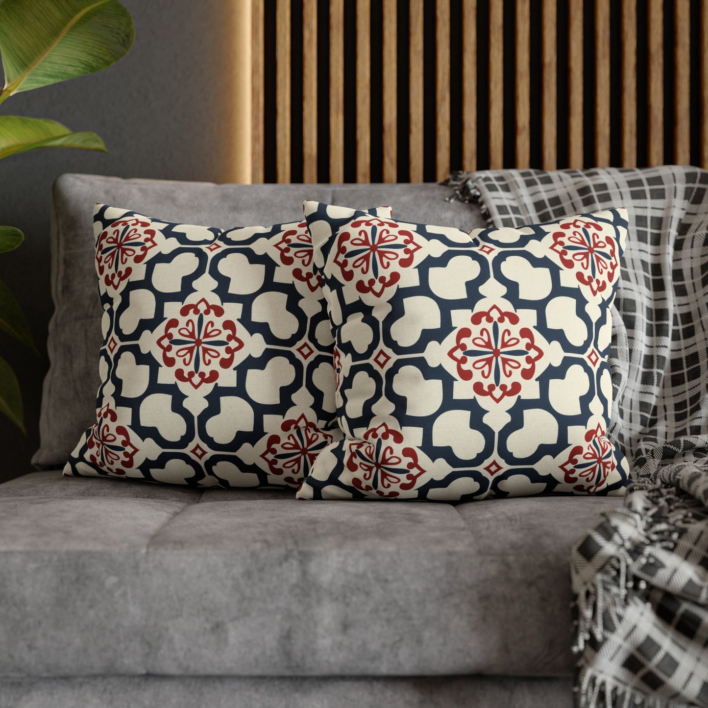 Traditional Korean Elegance in Bold Red and Navy Geometric Tile Pattern Spun Polyester Square Pillowcase 4 Sizes