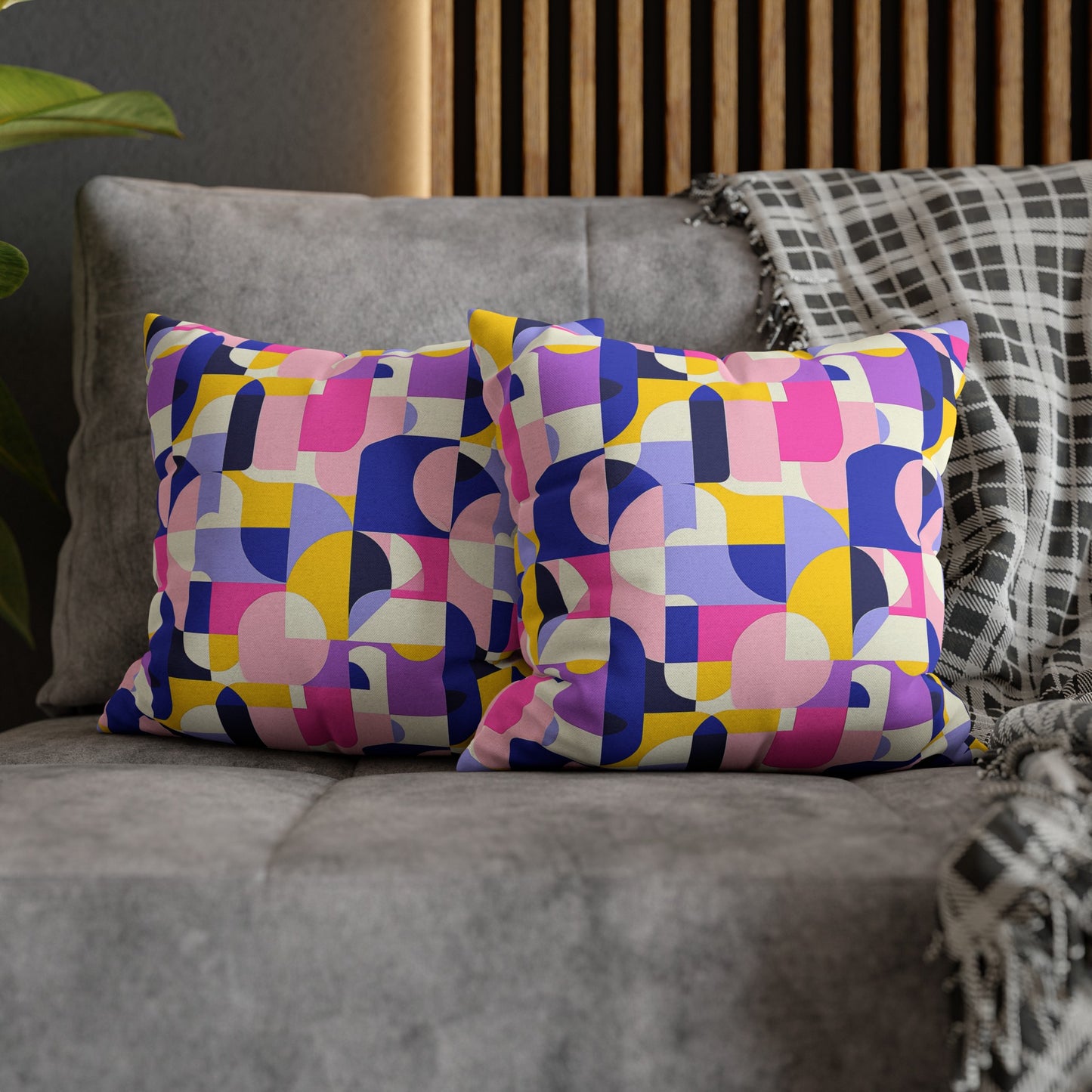 Vibrant Pink, Blue Yellow Color Block Geometric Shapes Spun Polyester Square Pillowcase 4 Sizes