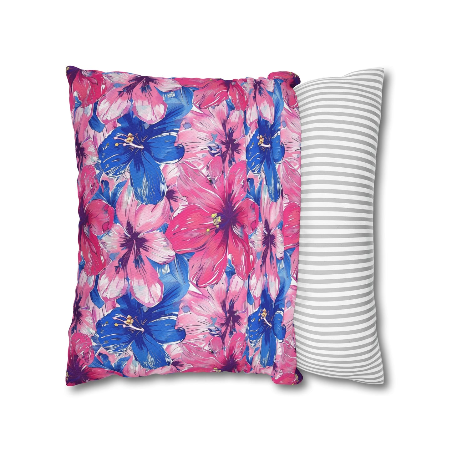 Blooming Bliss: Large Pink and Blue Blossoms in Full Bloom Spun Polyester Square Pillowcase 4 Sizes