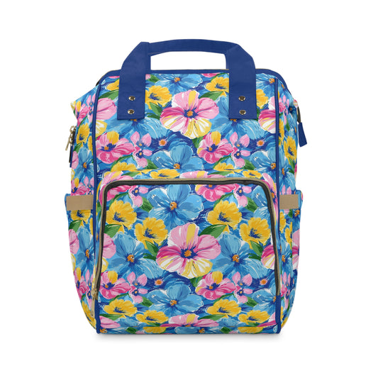 Sunny Serenade: Large Blooms of Yellow, Blue, and Gold in Watercolor Multifunctional Diaper Backpack