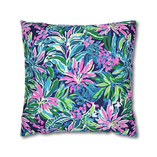 Seaside Blossoms: Coastal Spring Flowers in Pink, Green, and Navy Watercolors Spun Polyester Square Pillowcase 4 Sizes