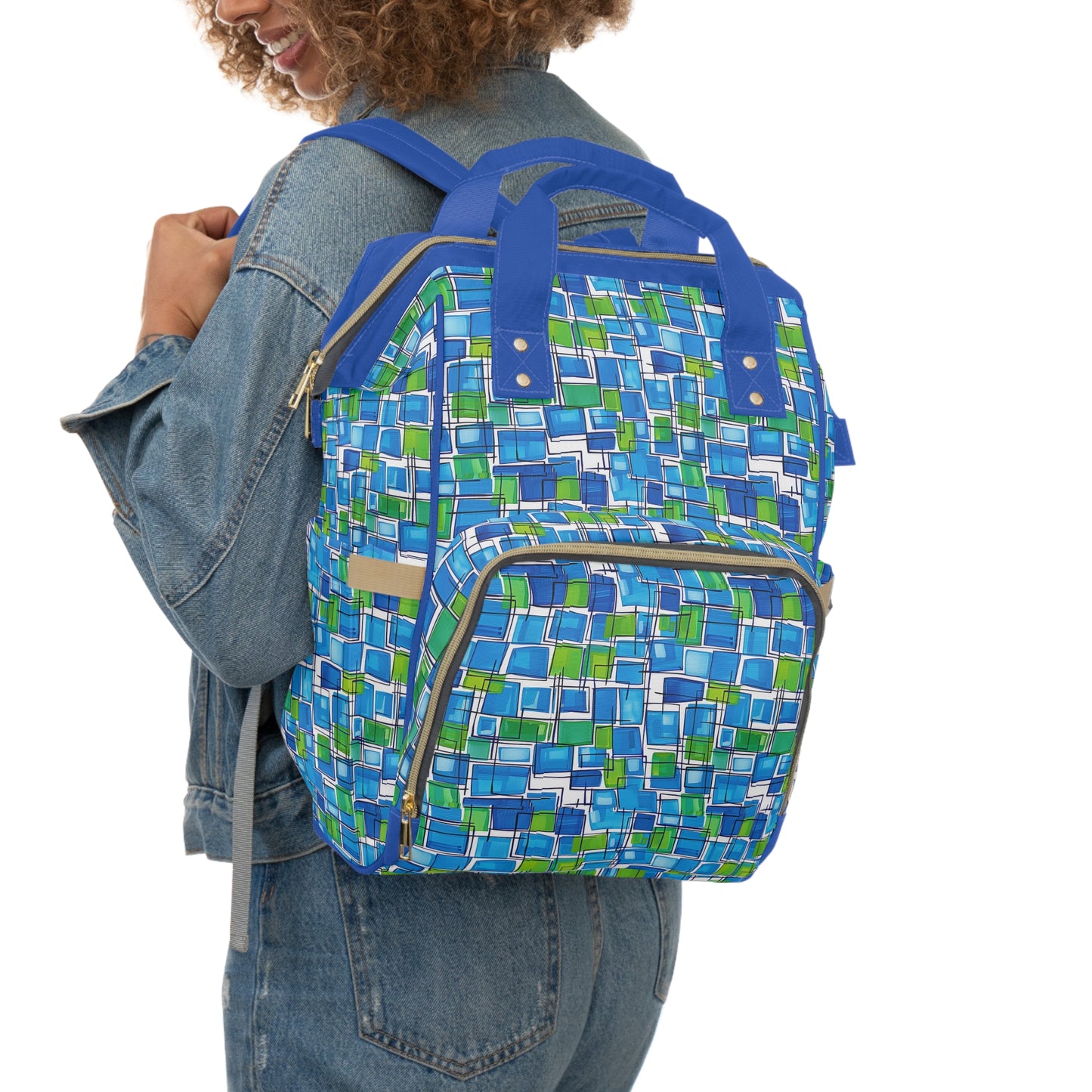 Abstract Interplay of Blue and Green Squares with Meandering Lines Multifunctional Diaper Backpack