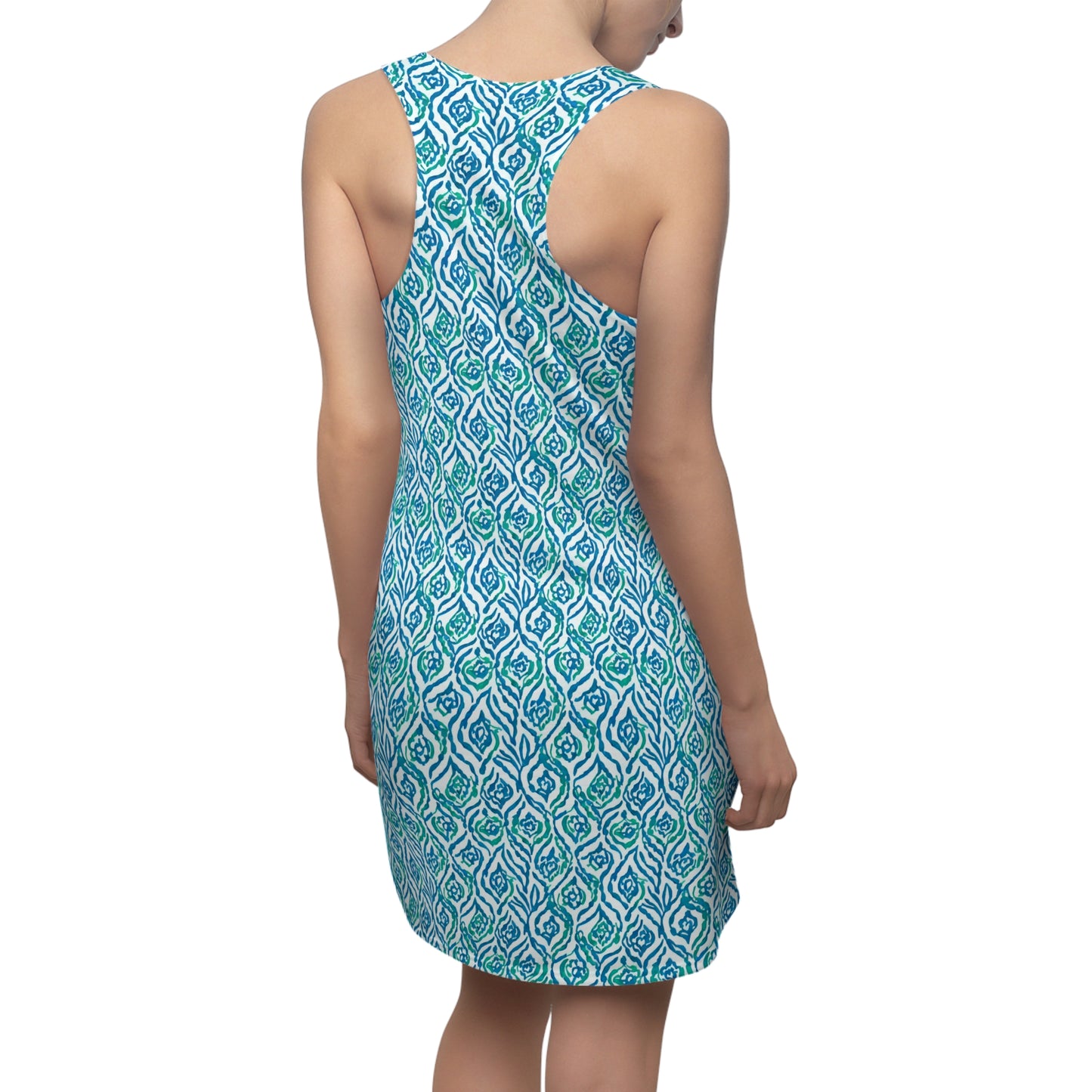 Cool Breeze Elegance: Abstract Damask Pattern in Green and Blue Women's Racerback Dress XS - 2XL