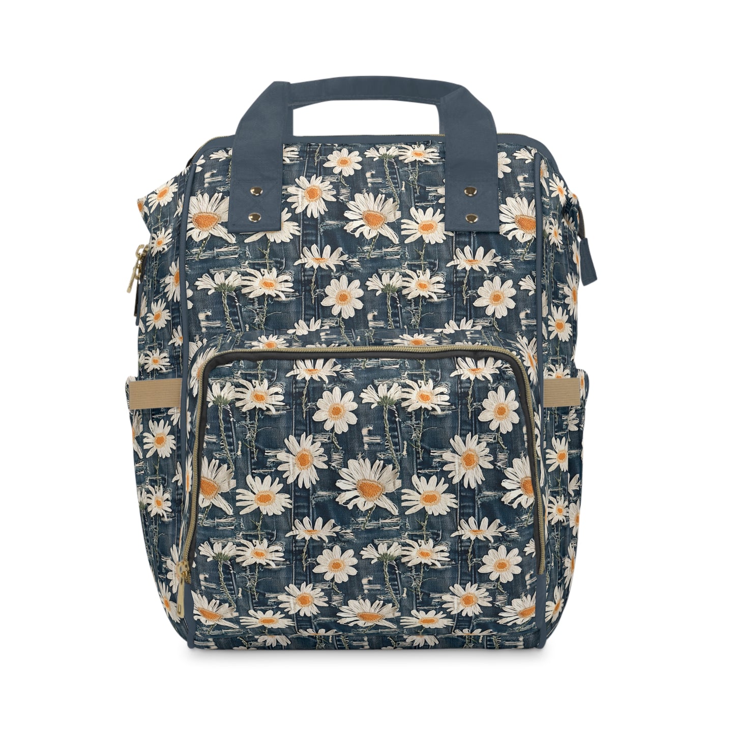 Daisy Dreams: Worn Dark Denim with White Embroidered Daisies Multifunctional Diaper Backpack