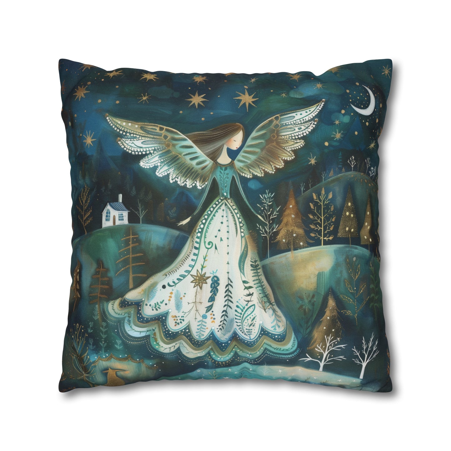 Starry Serenade: Angel in Flowing Dress Amidst a Starry Night Spun Polyester Square Pillowcase 4 Sizes