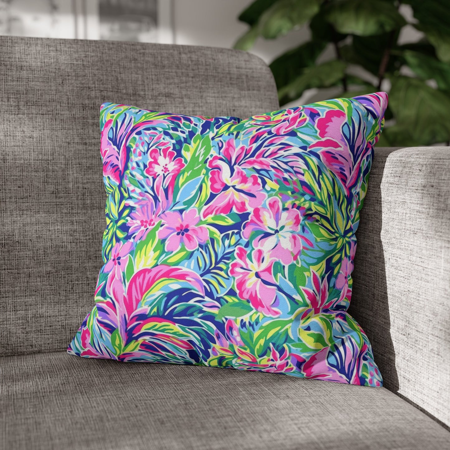 Tropical Serenity: Pink, Green, and Blue Watercolor Floral Delight Spun Polyester Square Pillowcase 4 Sizes