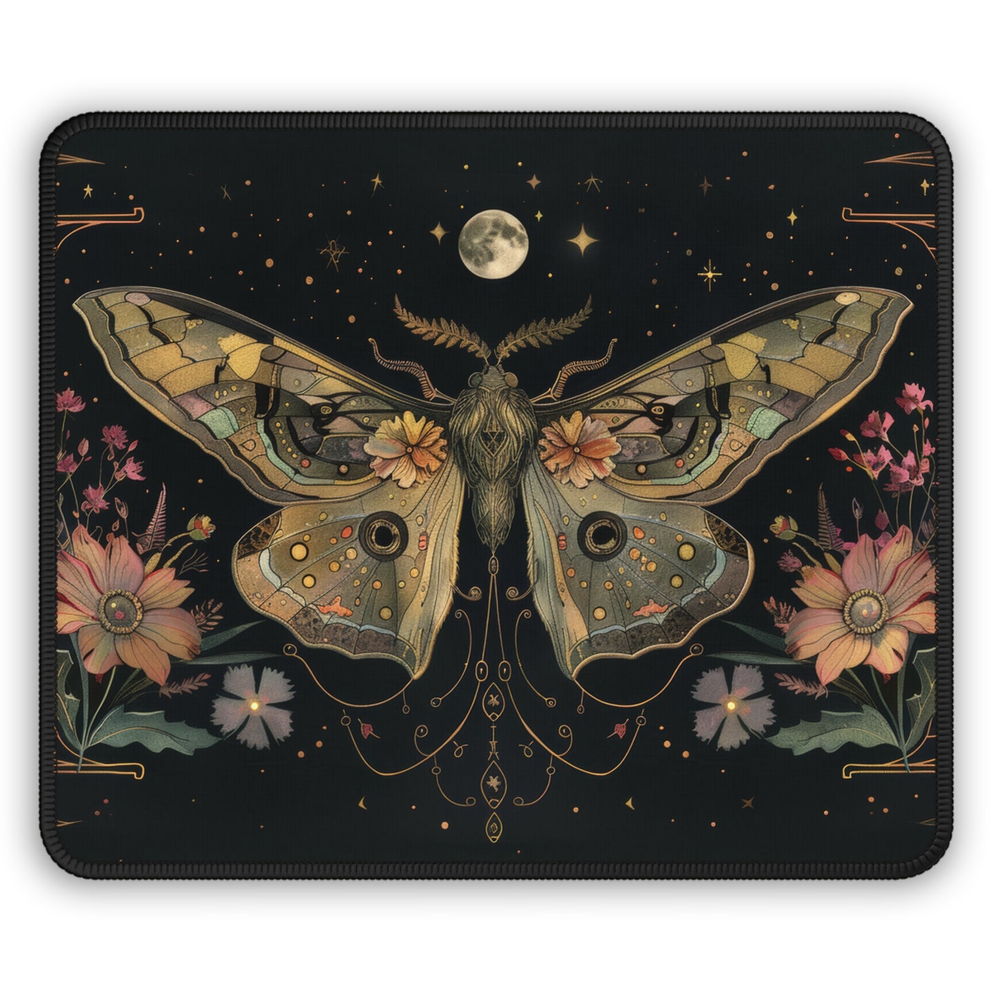 Lunar Moth Symphony with Moonlit Florals and Ethereal Glow Gaming Mouse Pad with Finished Edges