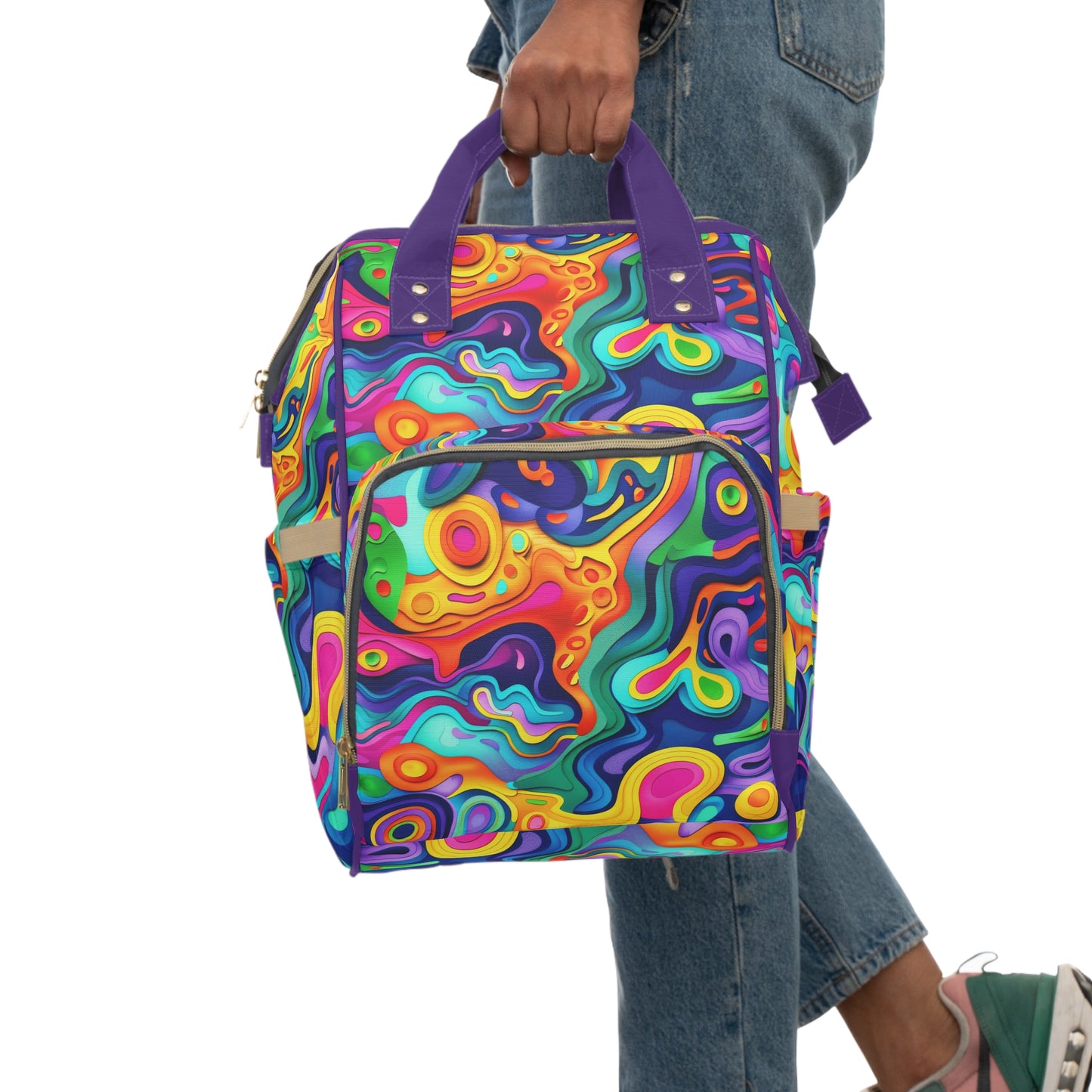 Vibrant Dreamscape of Psychedelic Paper Cut-Out Waves in Vivid Colors Multifunctional Diaper Backpack