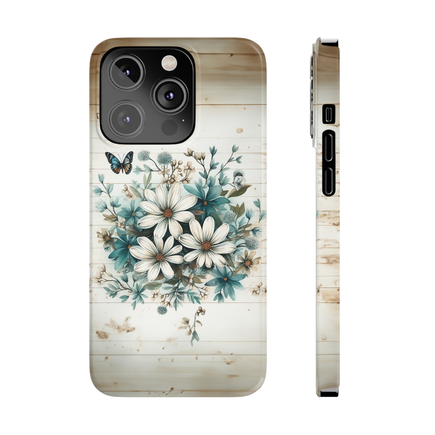 Rustic Charm Bouquet featuring Teal Accents White Wild Daisies with Butterflies  Iphone 15-12 Slim Phone Case