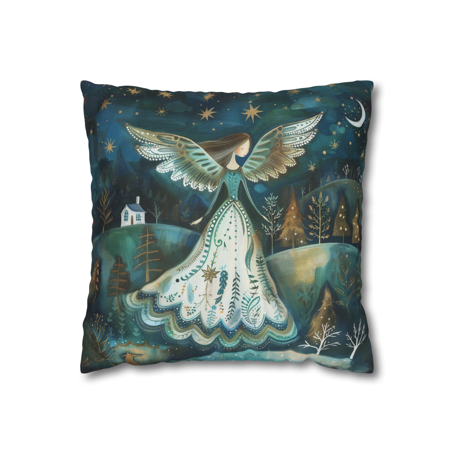 Starry Serenade: Angel in Flowing Dress Amidst a Starry Night Spun Polyester Square Pillowcase 4 Sizes