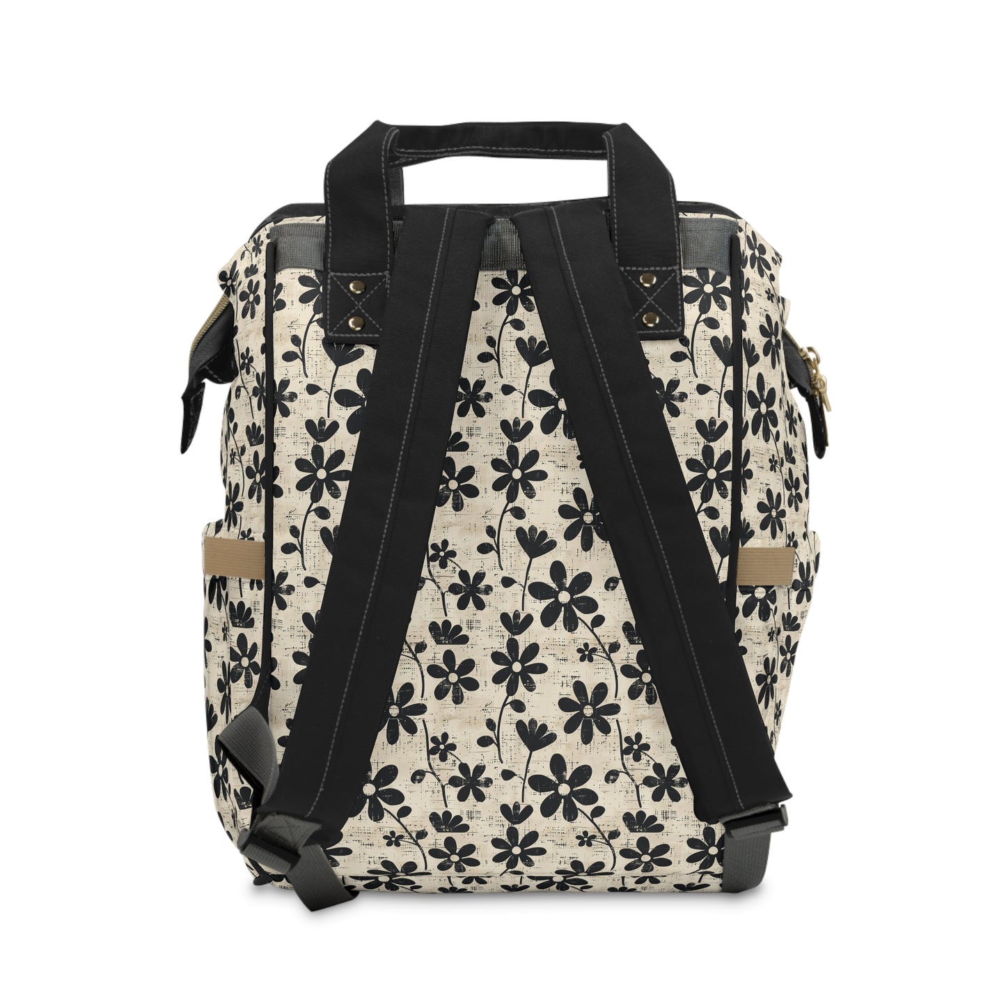 Distressed Black Floral on Beige Background Multifunctional Diaper Backpack