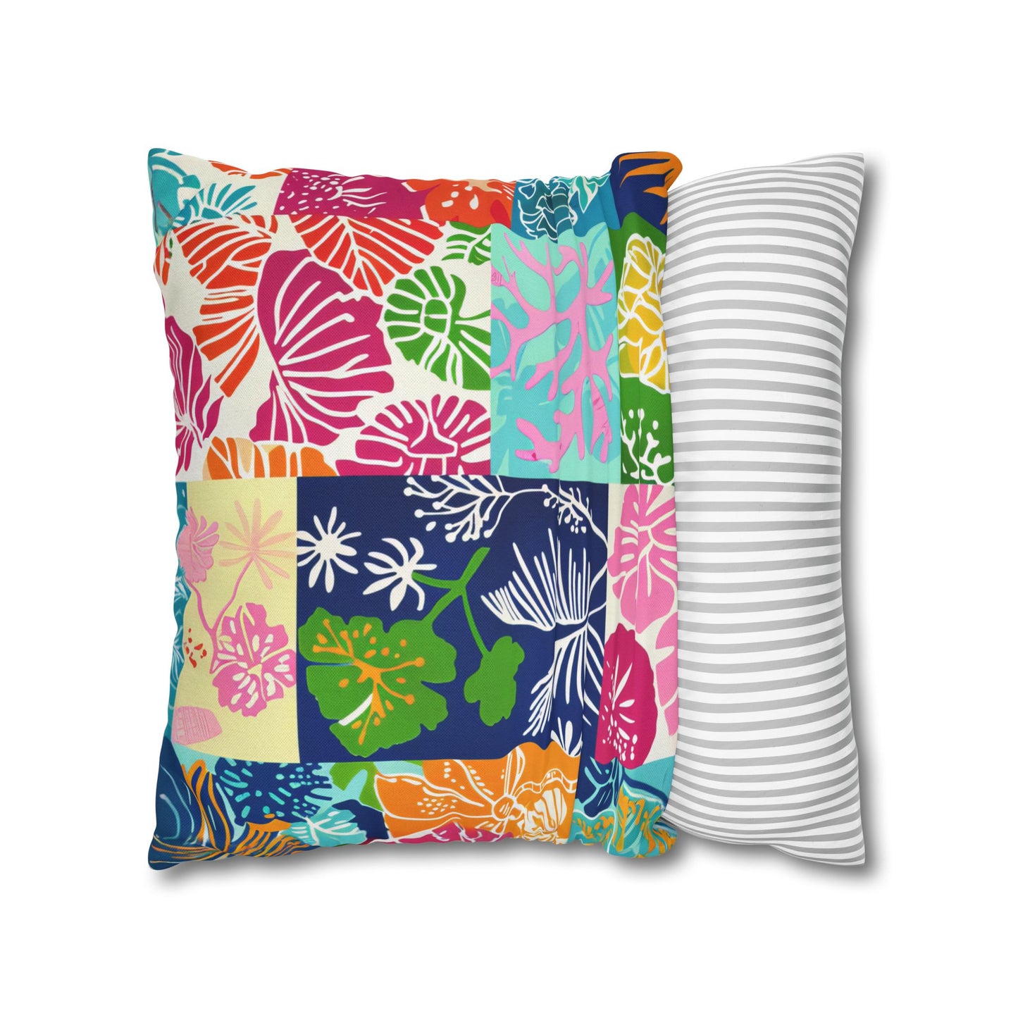 Vibrant Mosaic of Tropical Unique Shapes and Hues, from Vivid Oranges to Deep Blue Leaves and Flowers Spun Polyester Square Pillowcase 4 Sizes