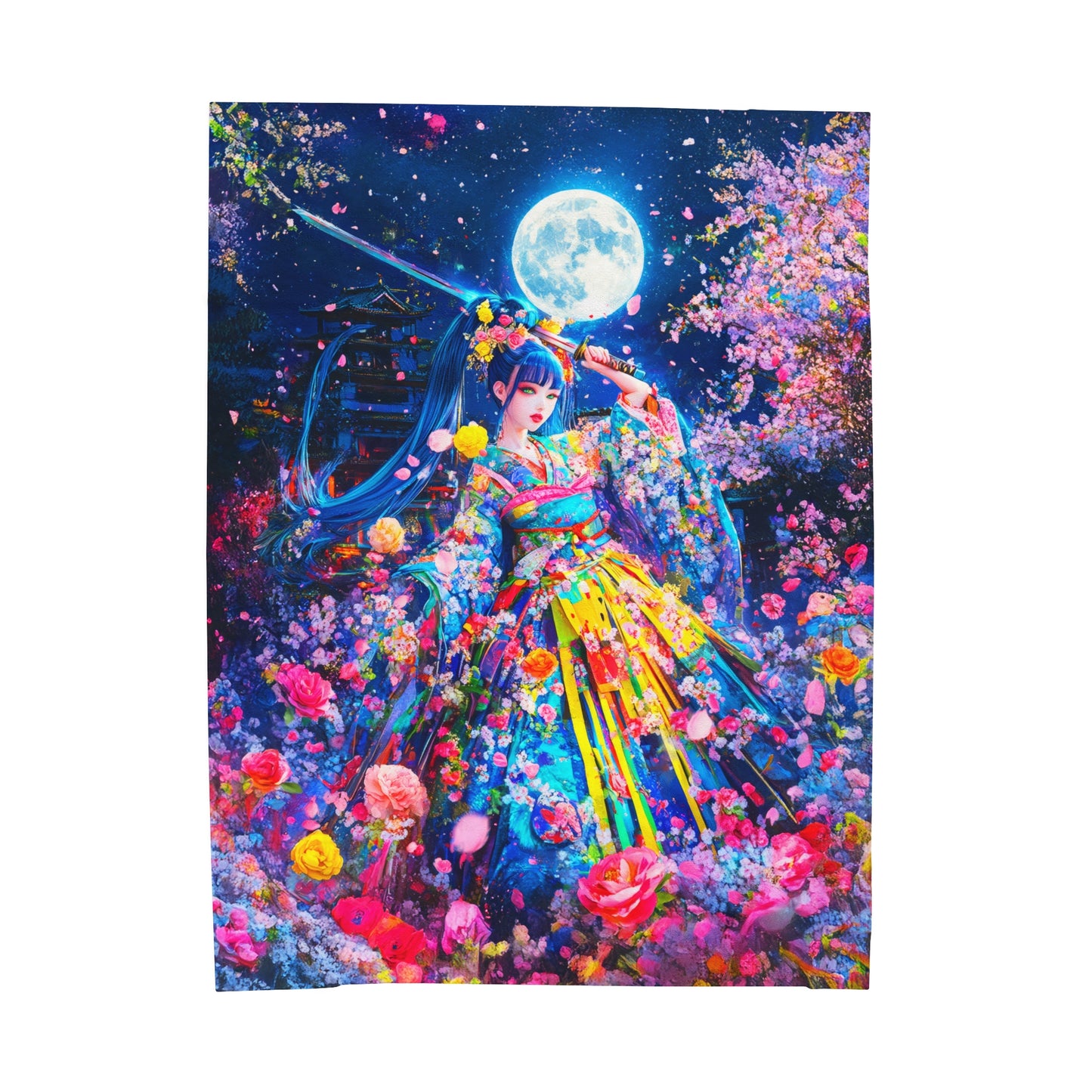 Moonlit Warrior in Enchanting Vibrant Kimono Amid Cherry Blossoms Velveteen Plush Blanket 3 Sizes