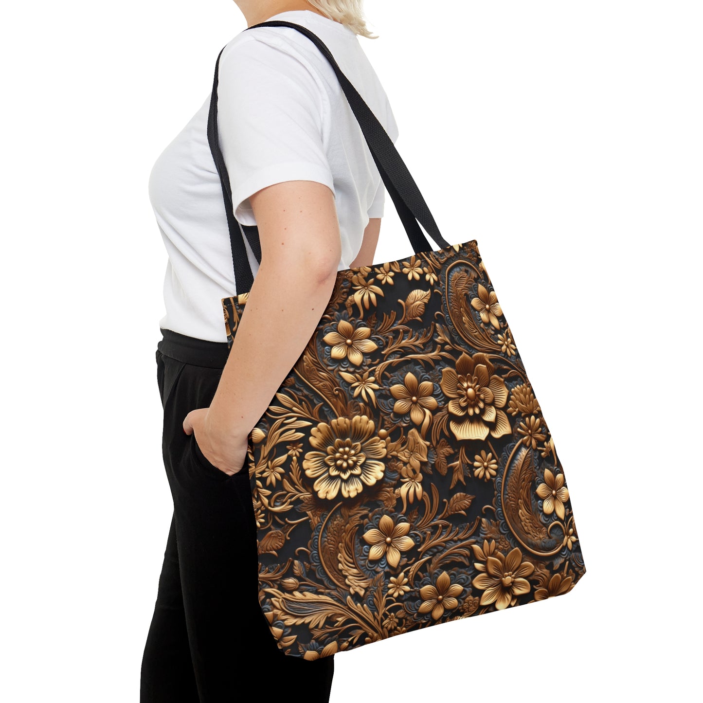 Tooled Leather Large Gold Flowers with Blue Leaf Swirl Accents Print Design  - Canvas Tote 3 Sizes