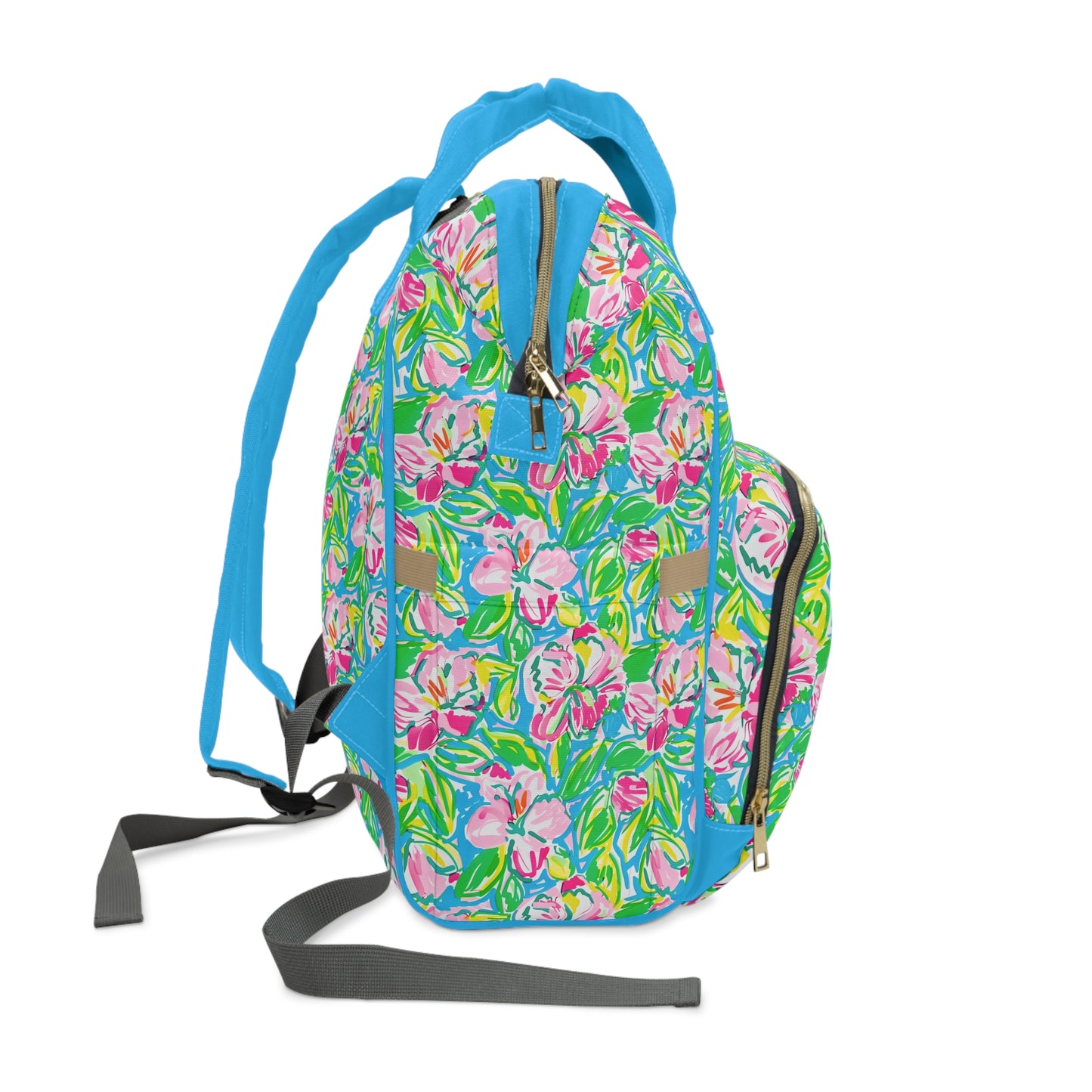 Whispering Meadows: Pink Blossoms, Lush Green Leaves, and Accents of Yellow and Blue Multifunctional Diaper Backpack