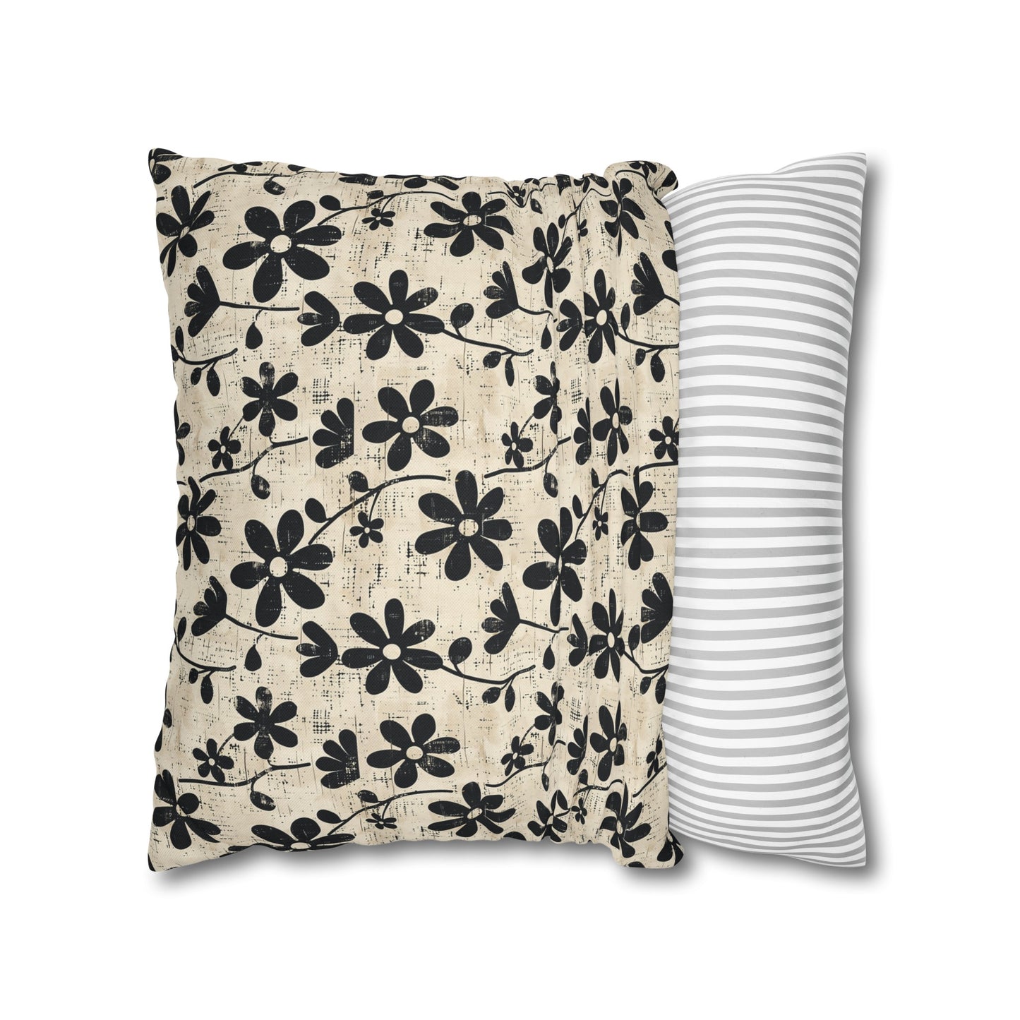 Distressed Black Floral on Beige Background Spun Polyester Square Pillowcase 4 Sizes