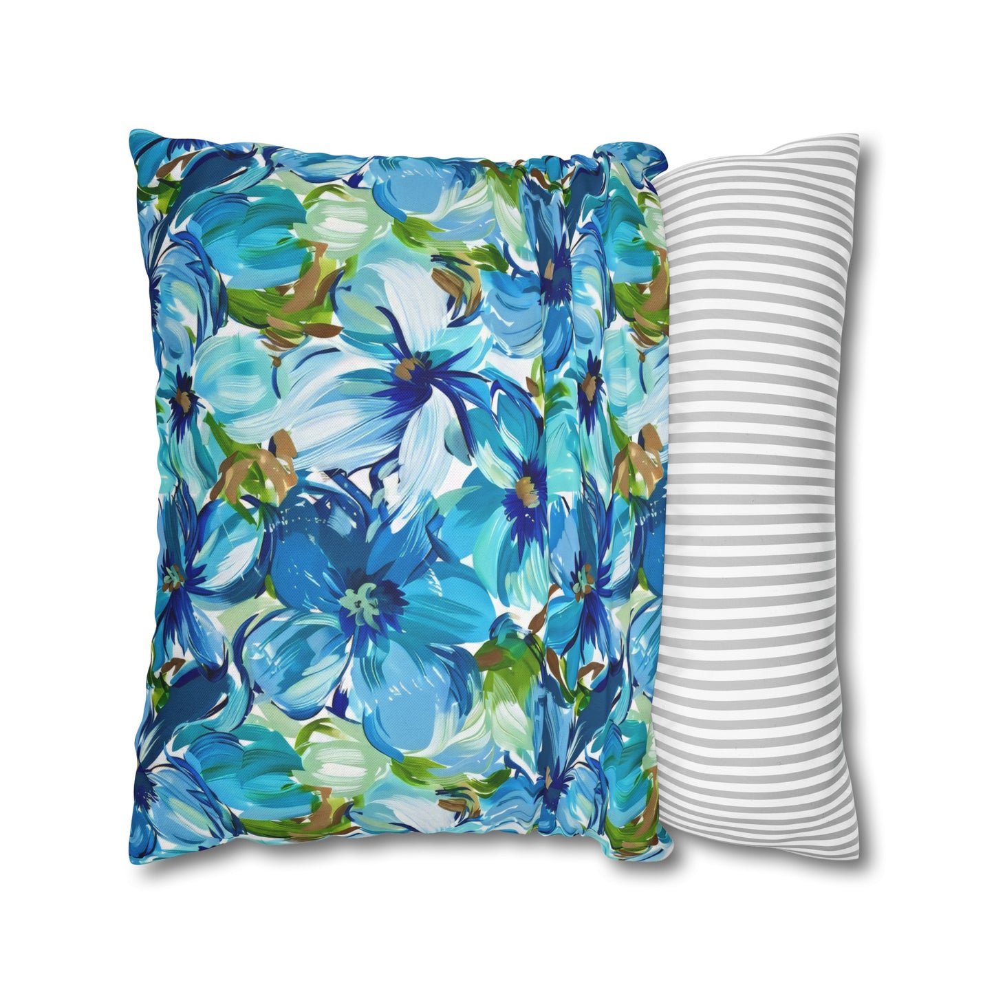 Large Blue Watercolor Flowers with Gentle Accents of Brown and Green Spun Polyester Square Pillowcase 4 Sizes