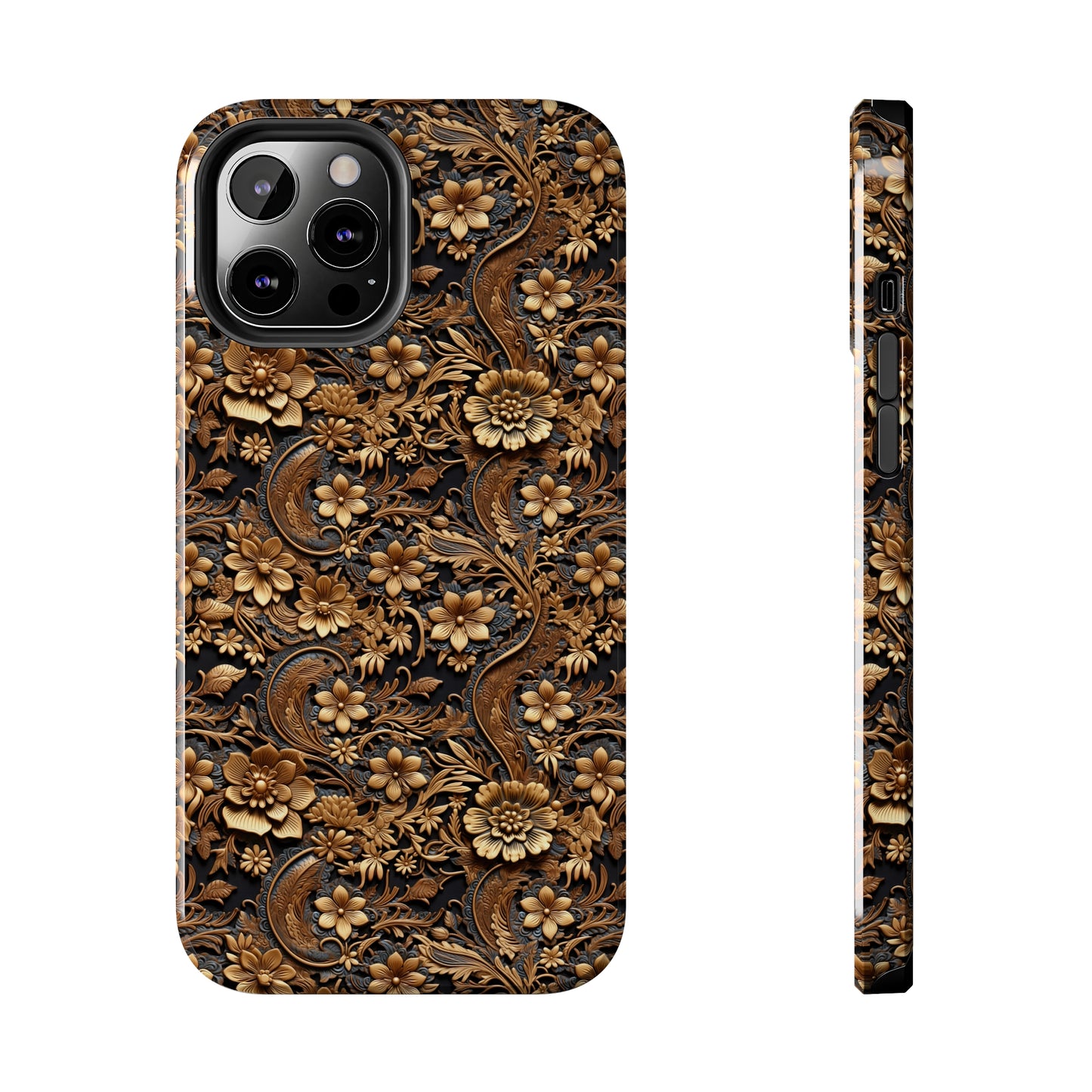 Tooled Leather Large Gold Flowers with Blue Leaf Swirl Accents Print Design Iphone Tough Phone Case