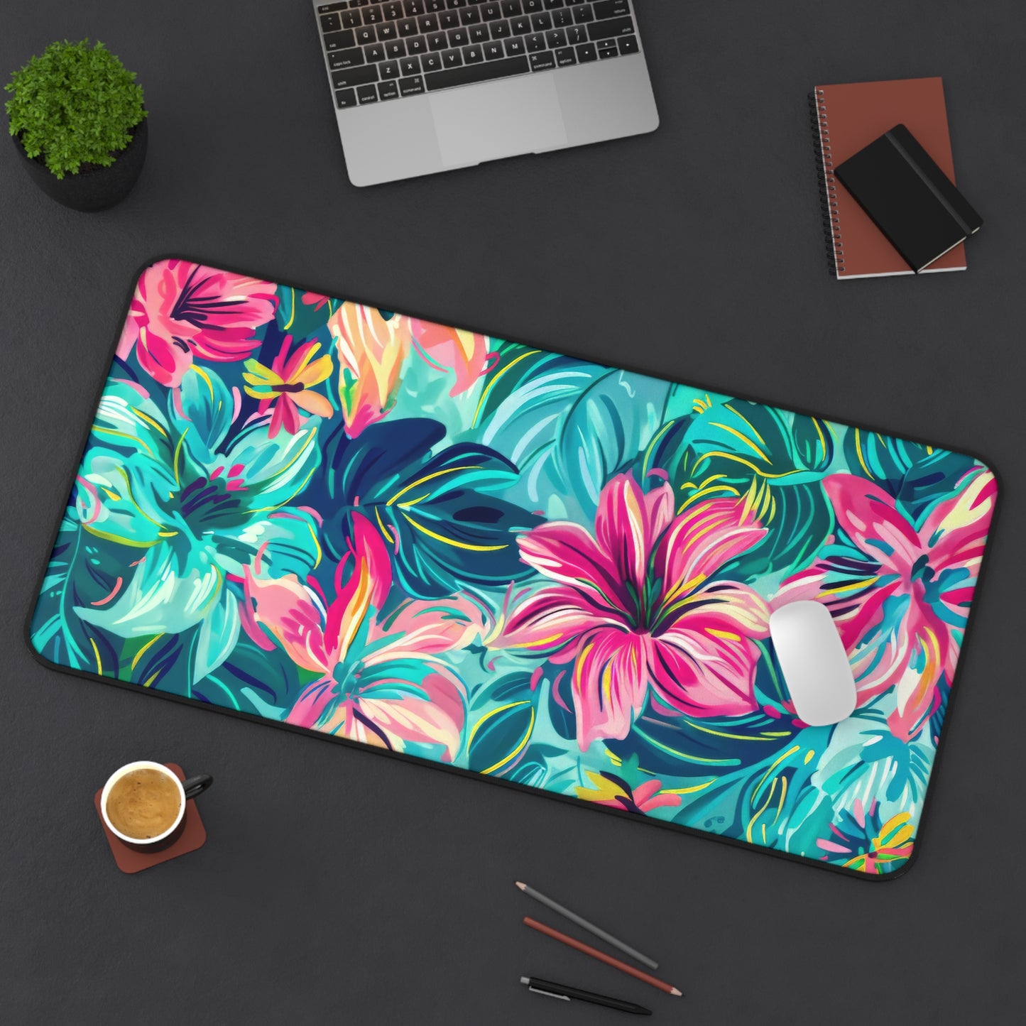 Tropical Garden Lush, Overlapping Flowers in a Dance of Vivid Pinks, Blues, and Yellows Extended Gaming Mouse Pad  Desk Mat  - 3 Sizes