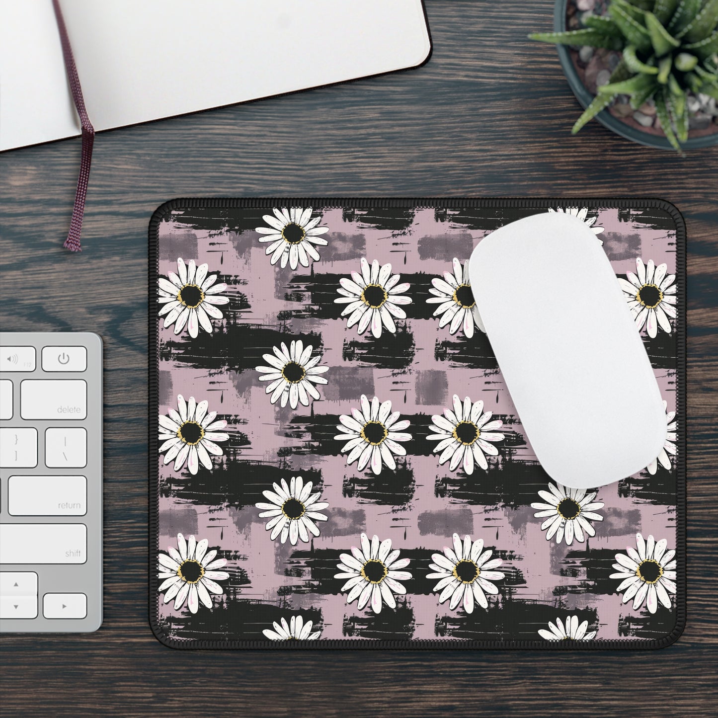 Edgy Daisy Dream with Pink and Black Grunge Design Gaming Mouse Pad with Finished Edges