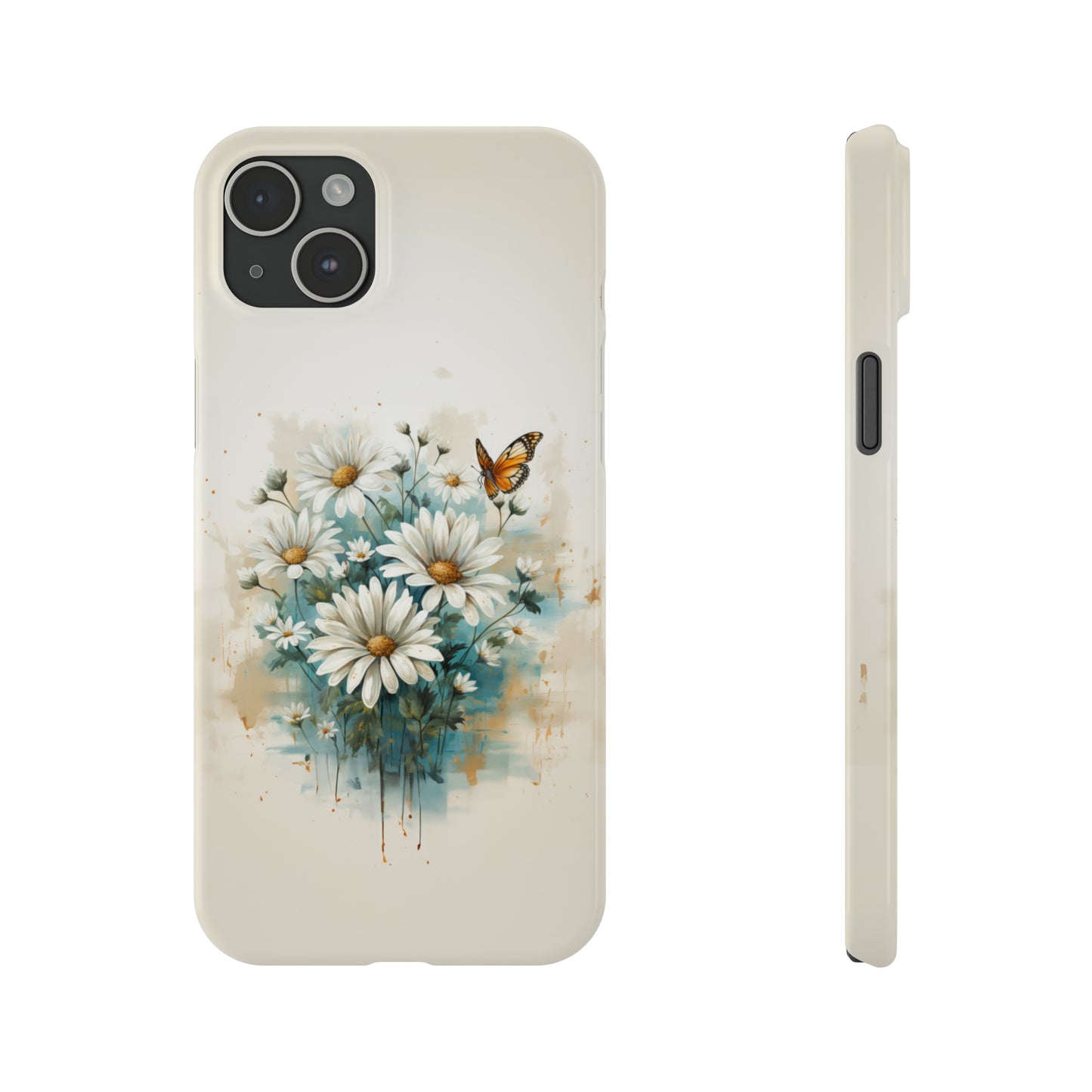 Rustic Farmhouse Teal and White Wild Daisies and Butterflies Iphone 15-12 Slim Phone Case