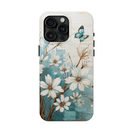 Rustic Farmhouse White and Teal Wild Daisies and Butterflies Iphone Tough Phone Case