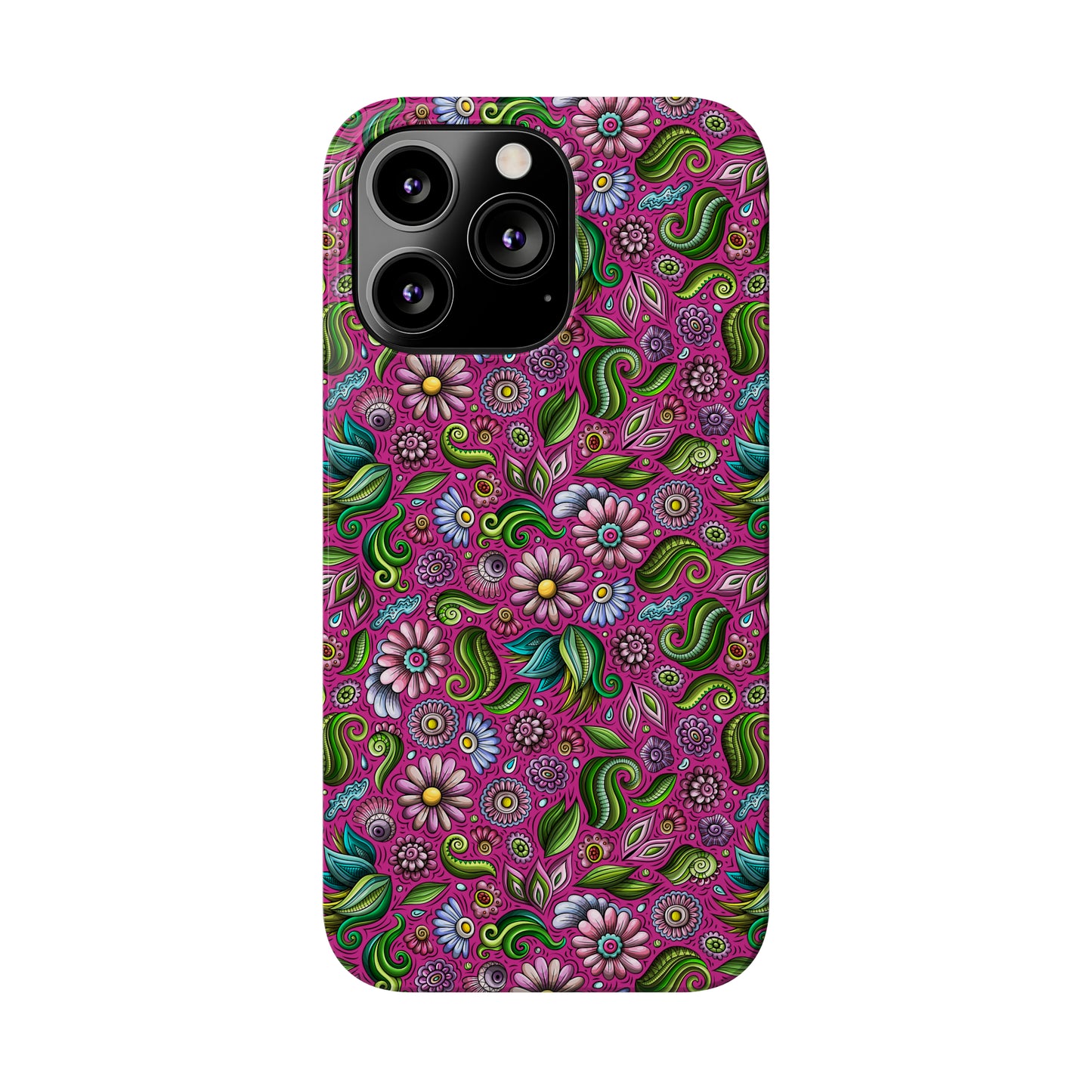 Purple & Pink Daisy Floral Print Hot Pink Background Iphone 15-12 Slim Phone Case