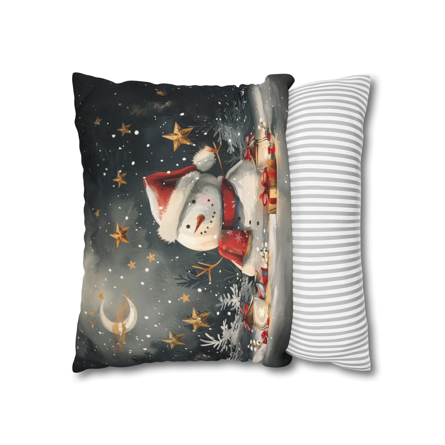 Snowman Beneath a Canopy of Stars, Surrounded by Presents Spun Polyester Square Pillowcase 4 Sizes