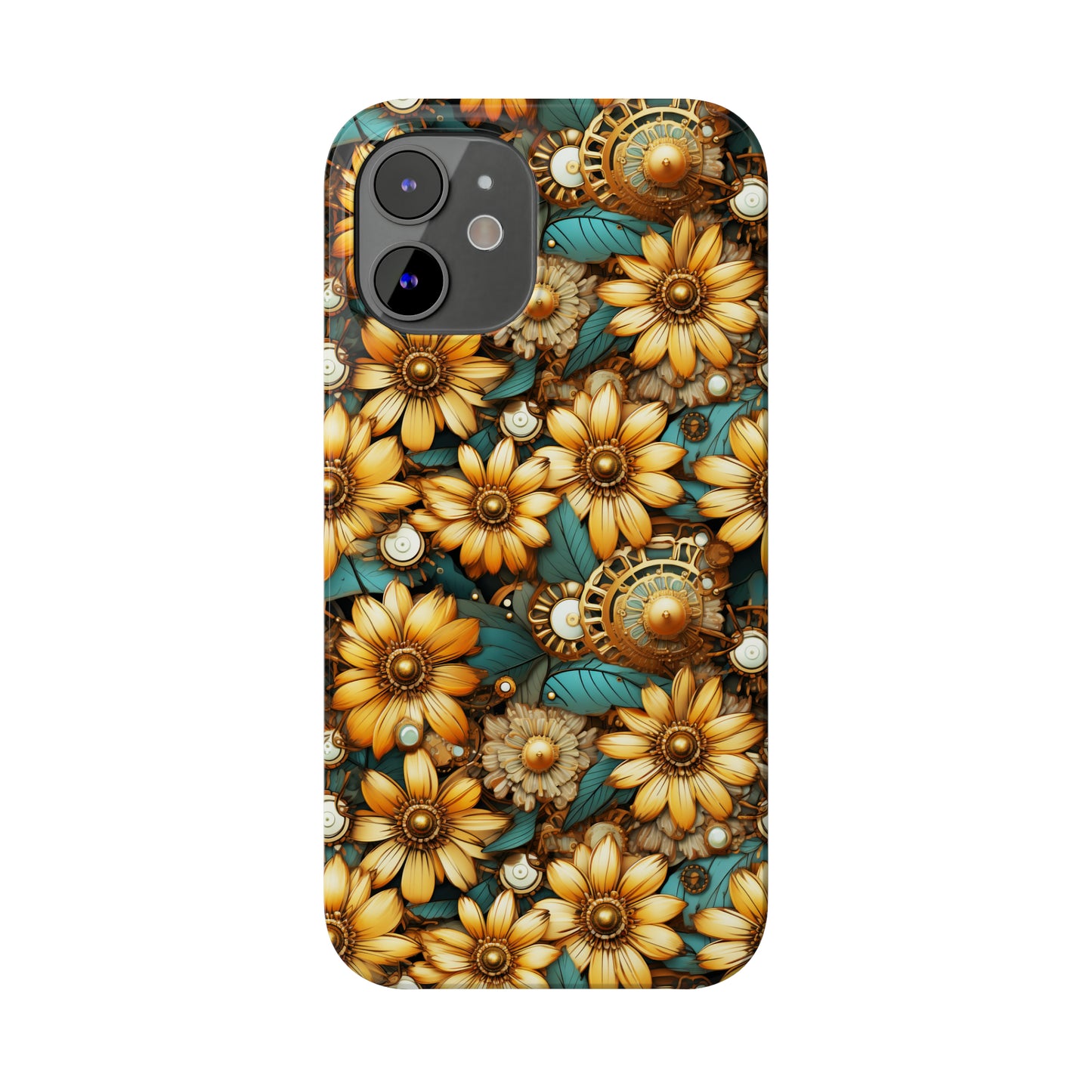 Victorian Steampunk Gold Flowers Teal Background with Gears and Mechanical Elements Iphone 15-12 Slim Phone Case