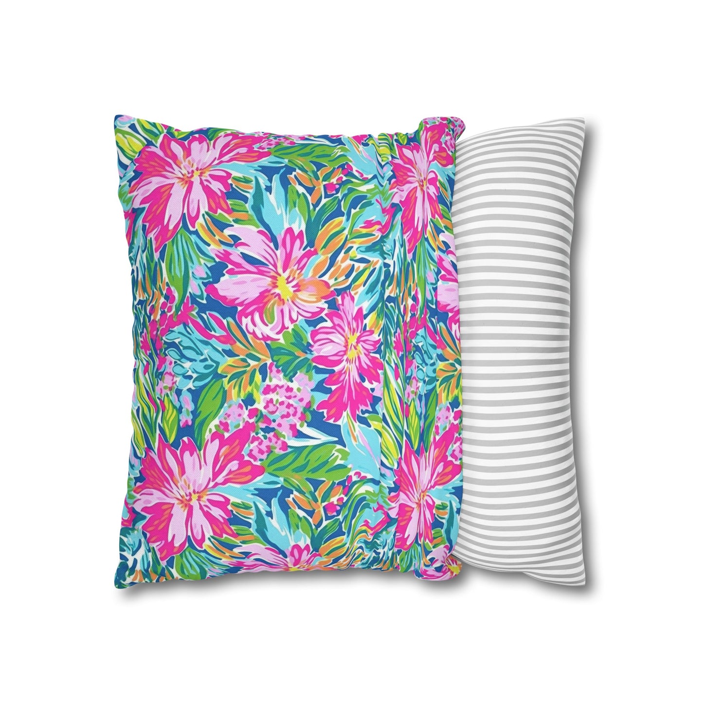 Sunlit Symphony: Large Blooms of Pink, Blue, and Green in Watercolor Spun Polyester Square Pillowcase 4 Sizes