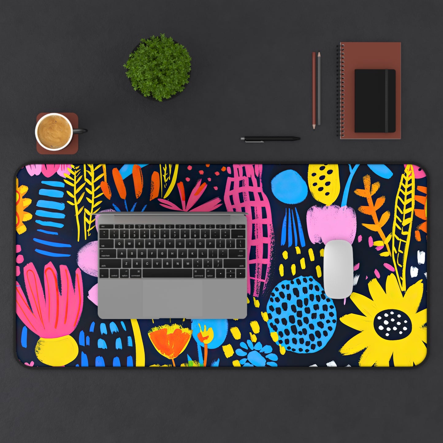 Abstract Floral Delight: Pink, Blue, and Yellow Blossoms Desk Mat Extended Gaming Mouse Pad - 3 Sizes