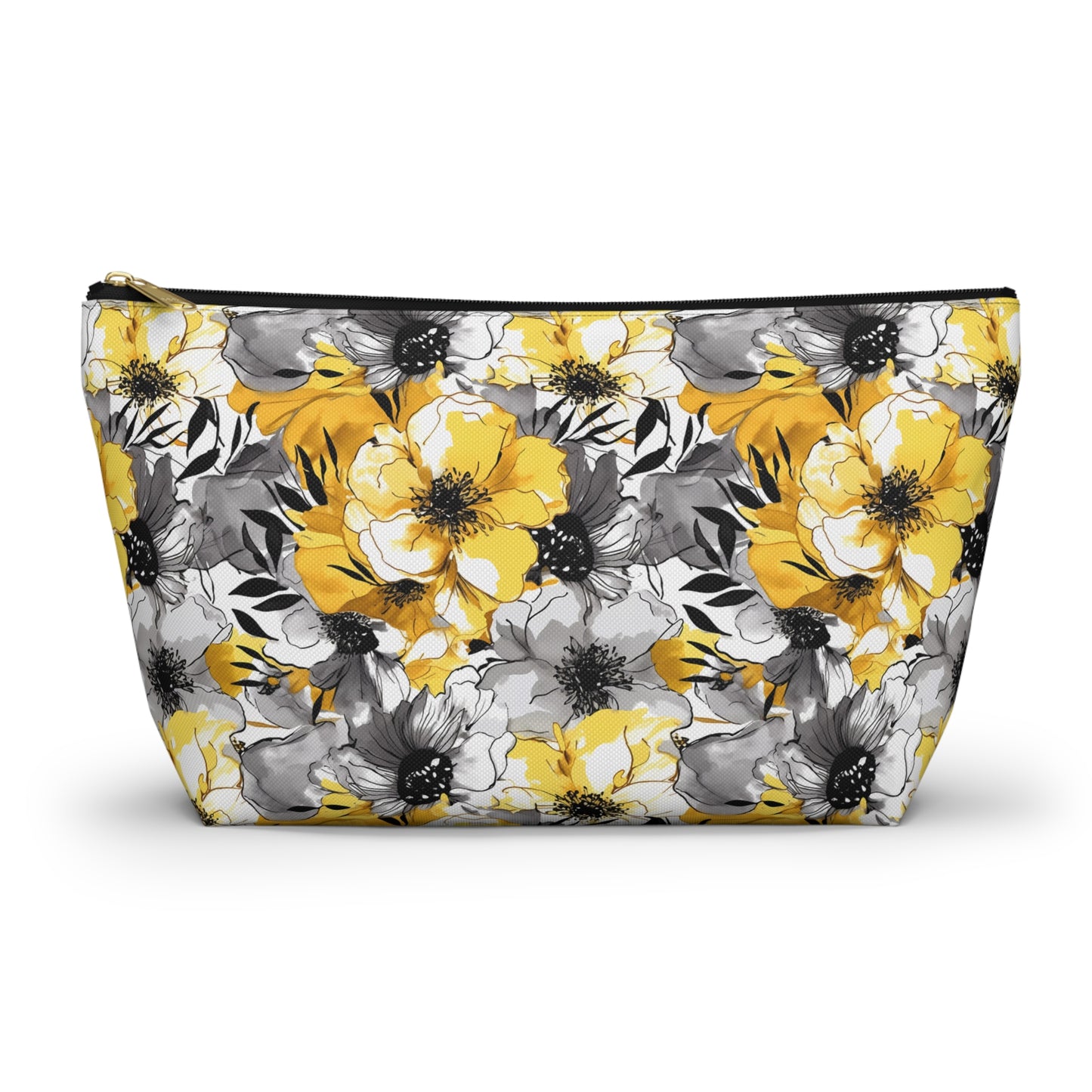 Soothing Radiance: Large Yellow and Grey Watercolor Flower Design - Makeup & Accessory Bag 2 Sizes