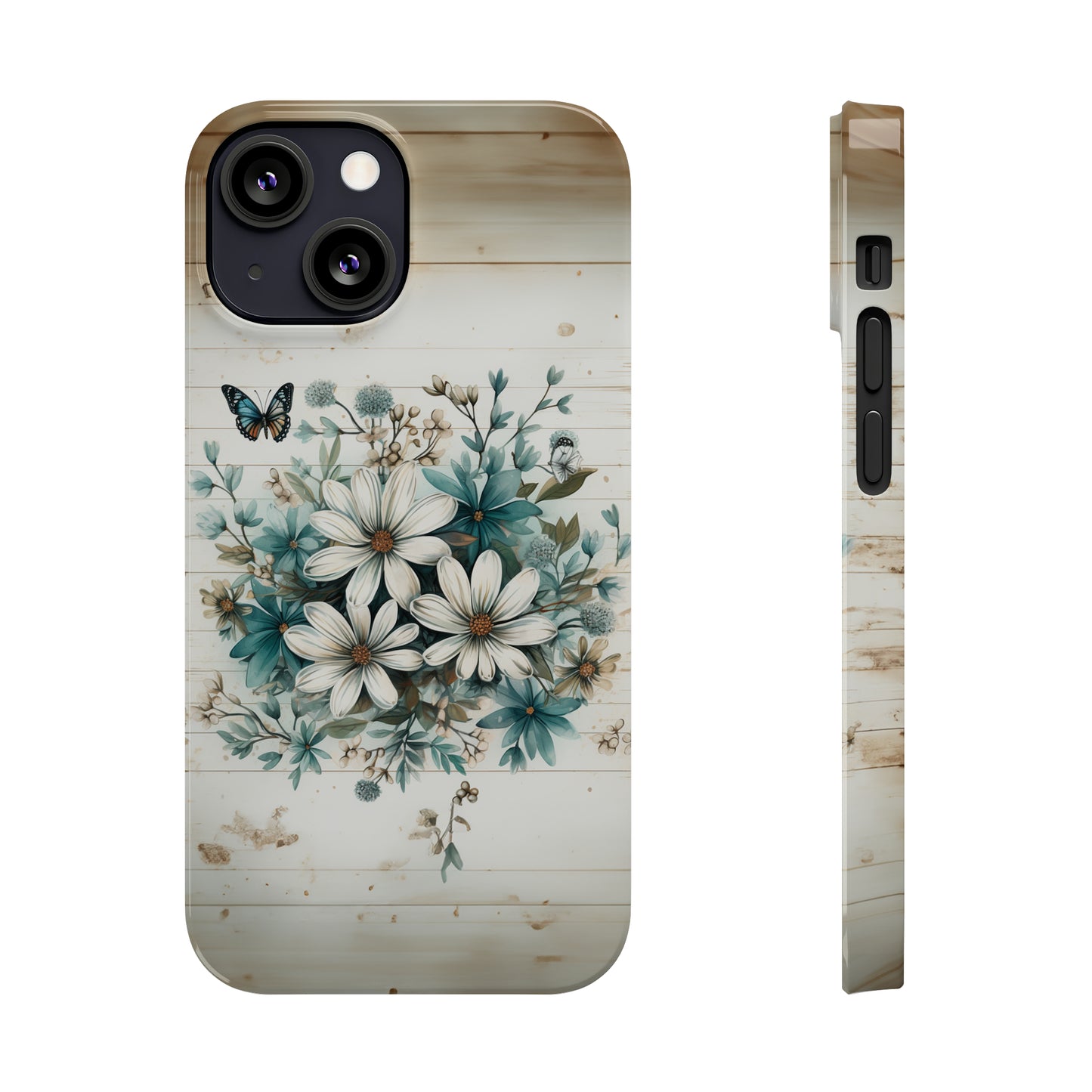 Rustic Charm Bouquet featuring Teal Accents White Wild Daisies with Butterflies  Iphone 15-12 Slim Phone Case