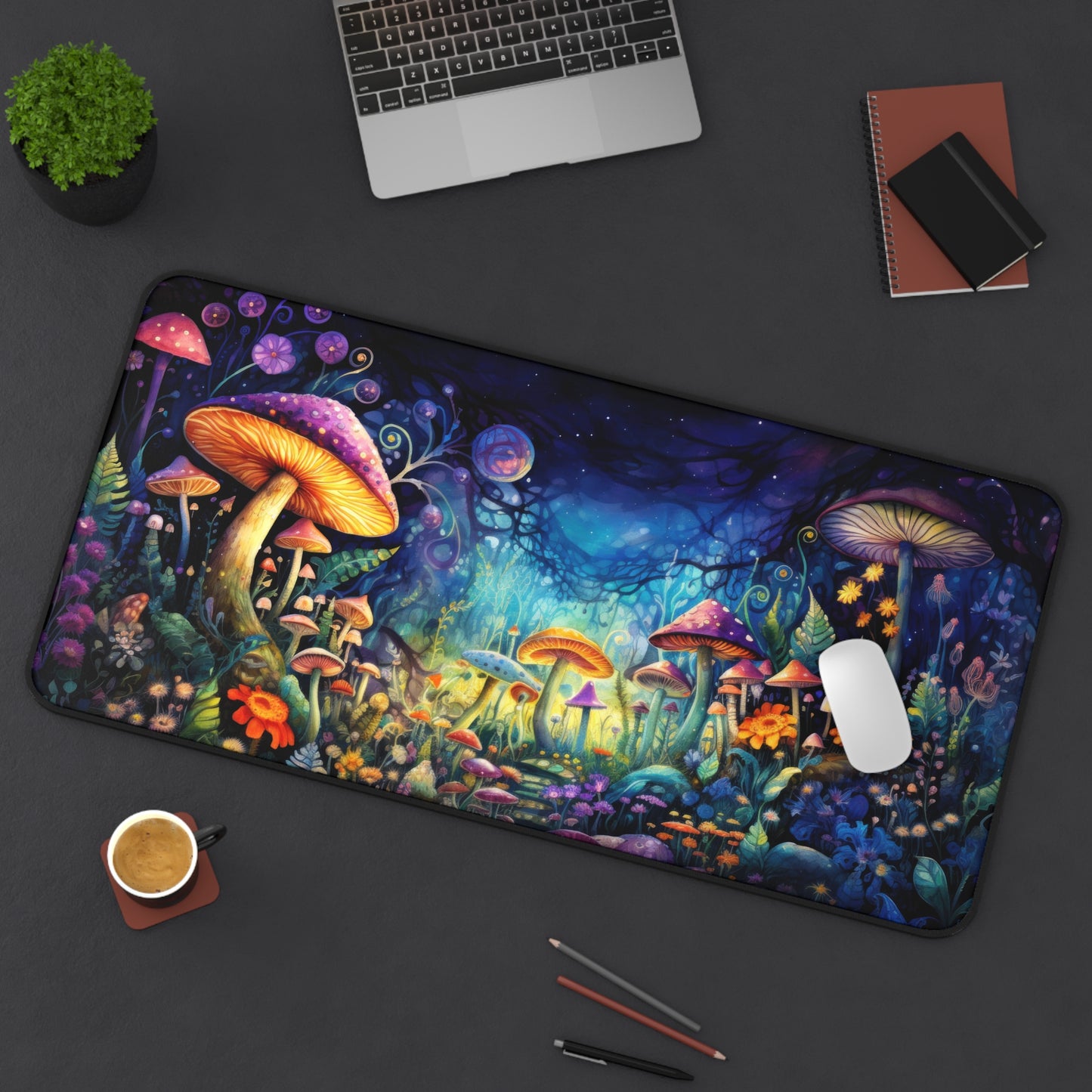 Fantasy Neon Nighttime Mushroom and Flower Garden - Desk Mat Extended Gaming Mouse Pad 3 Sizes