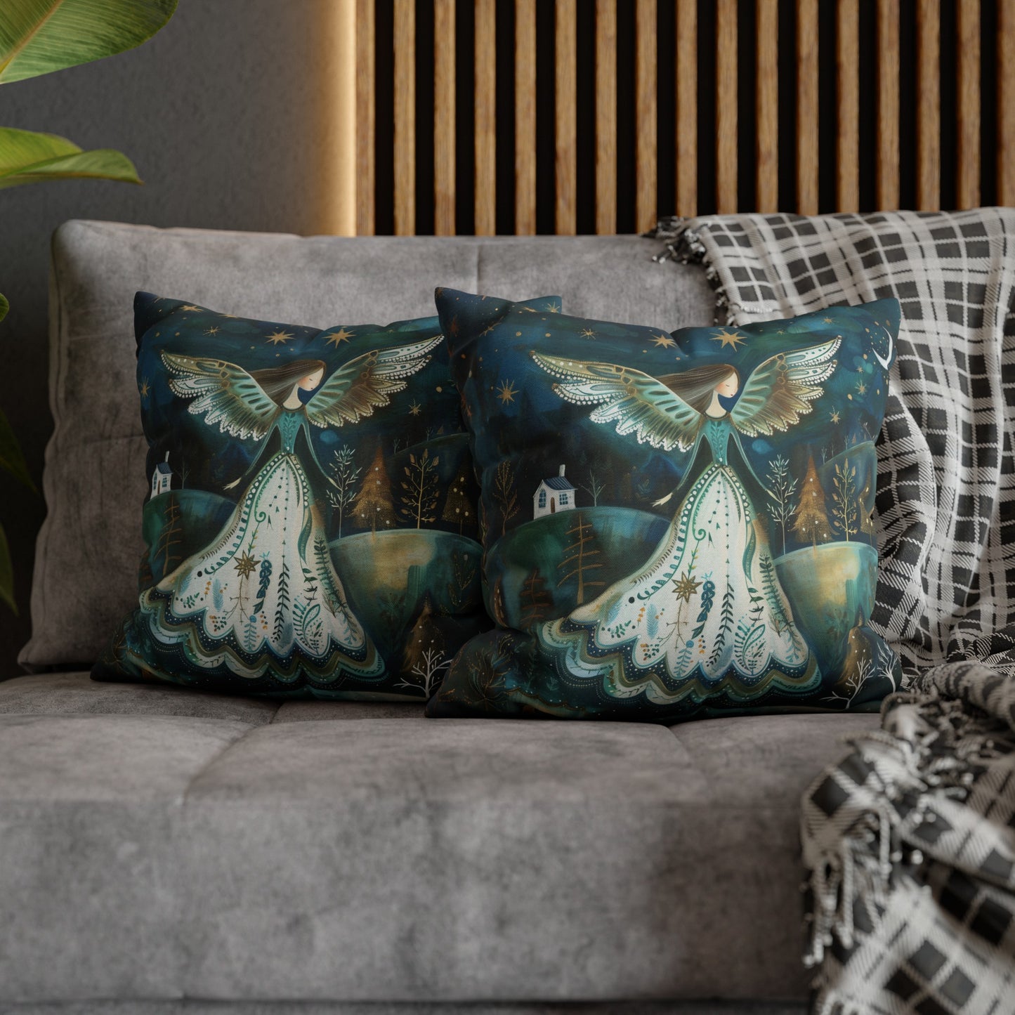 Starry Serenade: Angel in Flowing Dress Amidst a Starry Night Spun Polyester Square Pillowcase 4 Sizes