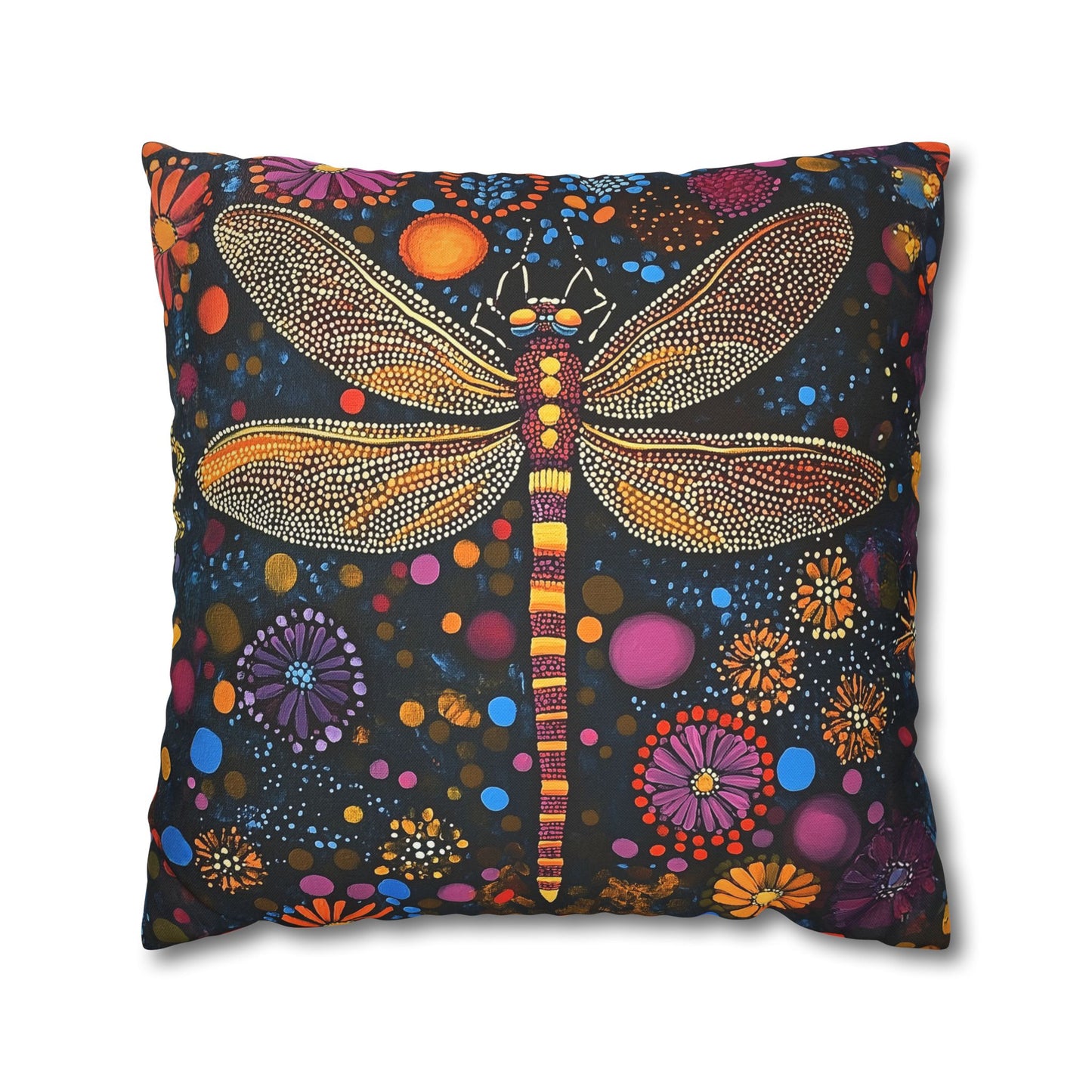 Vibrant Dragonfly Amidst a Kaleidoscope of Dot-Painted Blooms Spun Polyester Square Pillowcase 4 Sizes