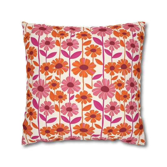 Retro Floral Bliss with Bold Pink and Orange Flower Design Spun Polyester Square Pillowcase 4 Sizes