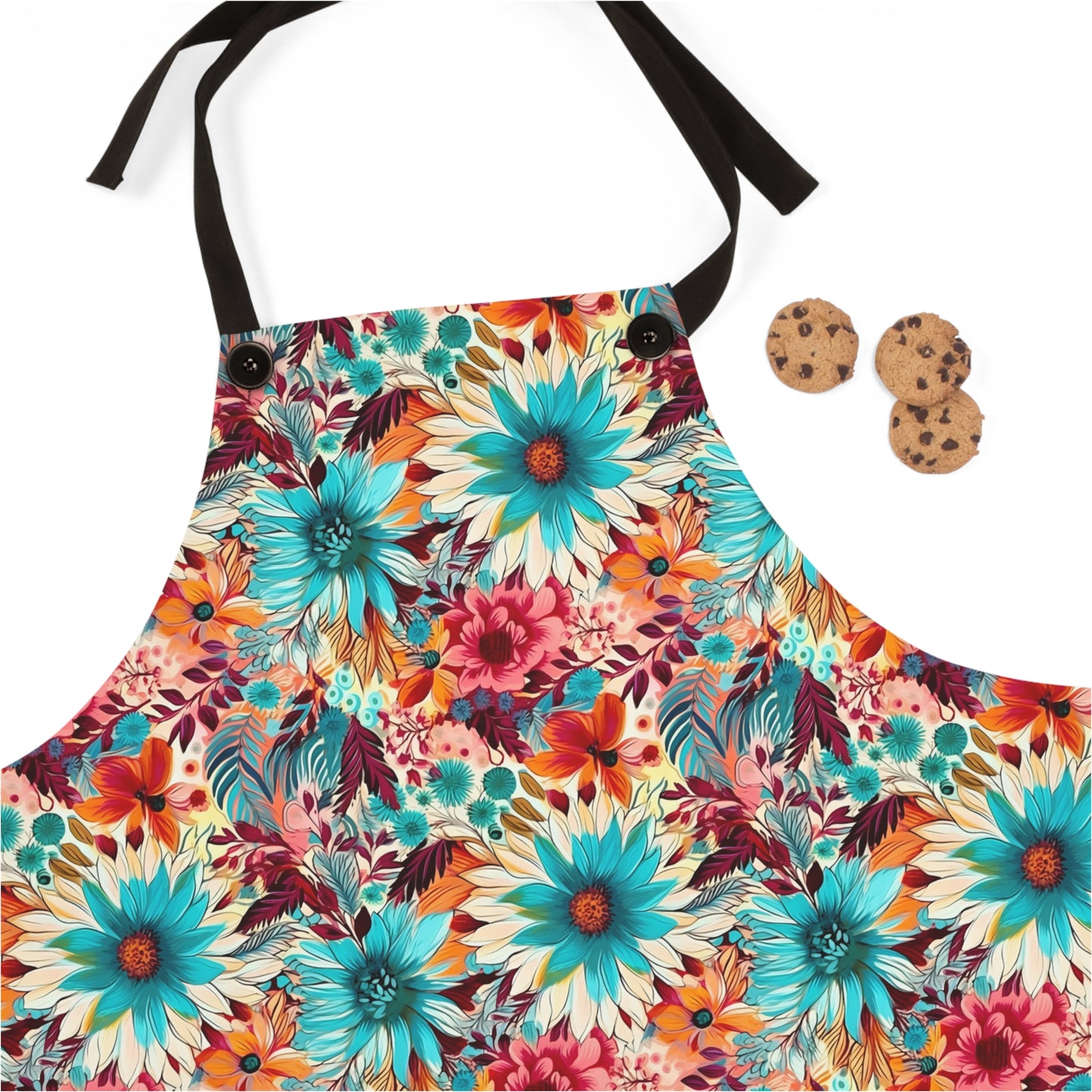 Floral Explosion of Pinks, Teals and Oranges on a Soft Cream Canvas Kitchen Chef Apron