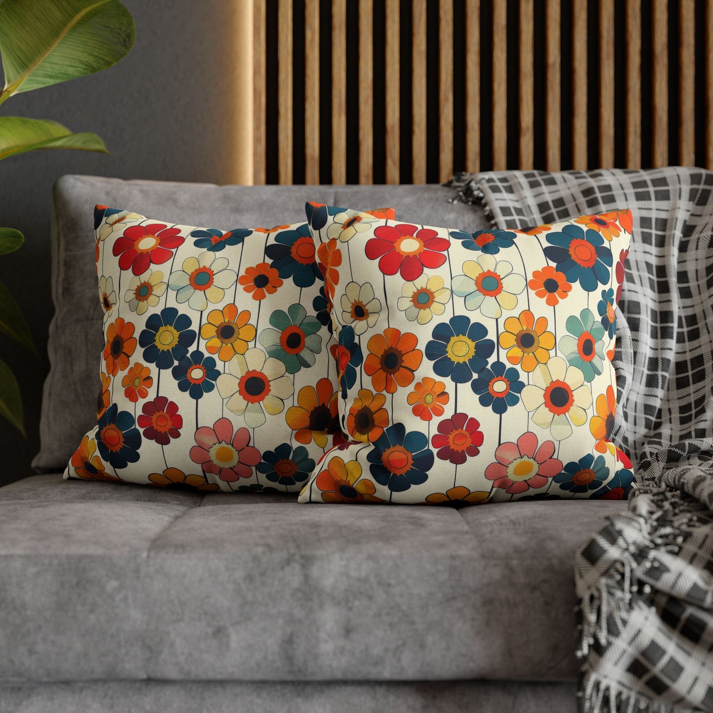 Blooming Joy Vibrant Retro Floral Pattern Spun Polyester Square Pillowcase 4 Sizes