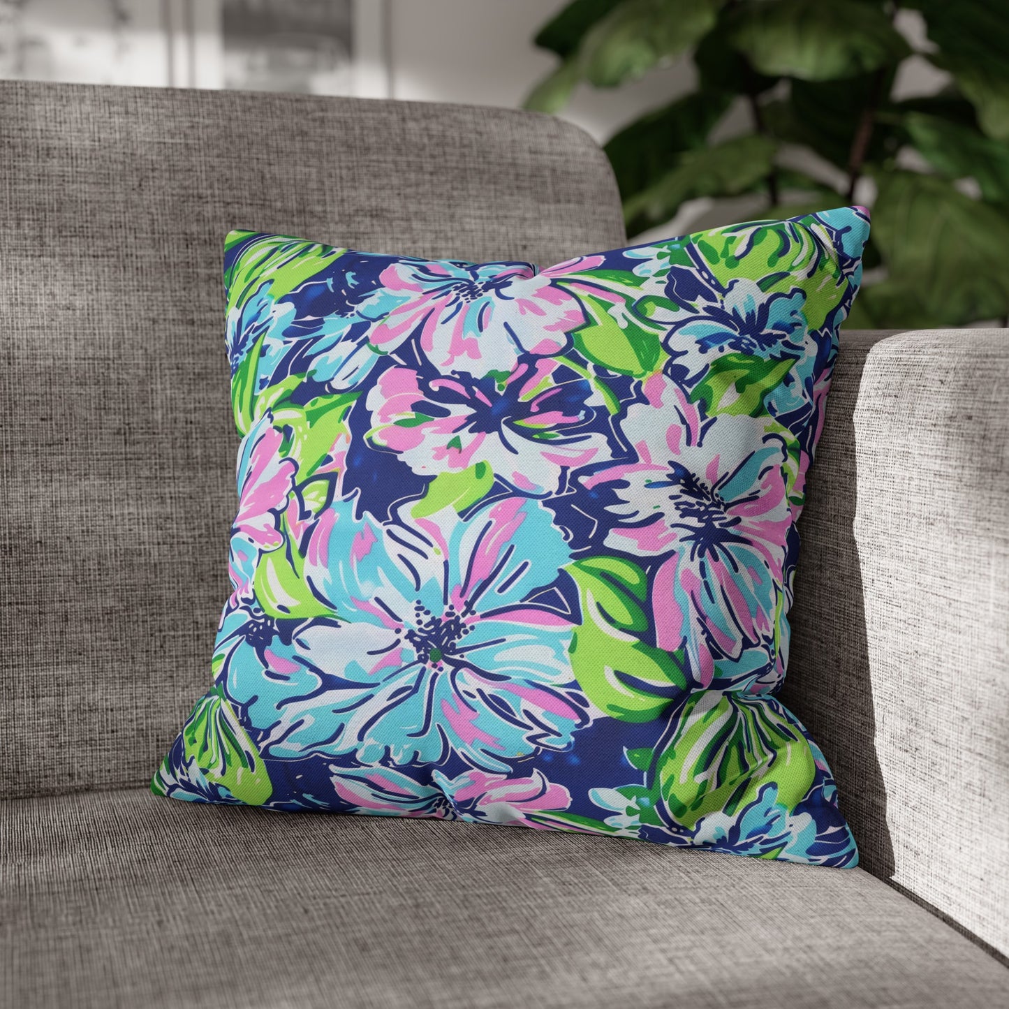 Seaside Coastal Pink, Navy, and Green Tropical Blooms Spun Polyester Square Pillowcase 4 Sizes