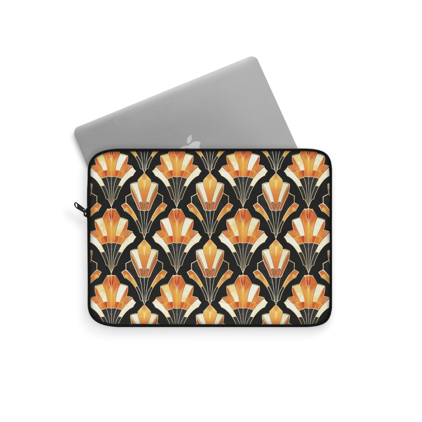 Art Deco Inspired Streamlined Geometric Florals in Orange and Black Laptop or Ipad Protective Sleeve 3 Sizes Available